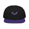 Purple bat embroidered snapback cap, front view