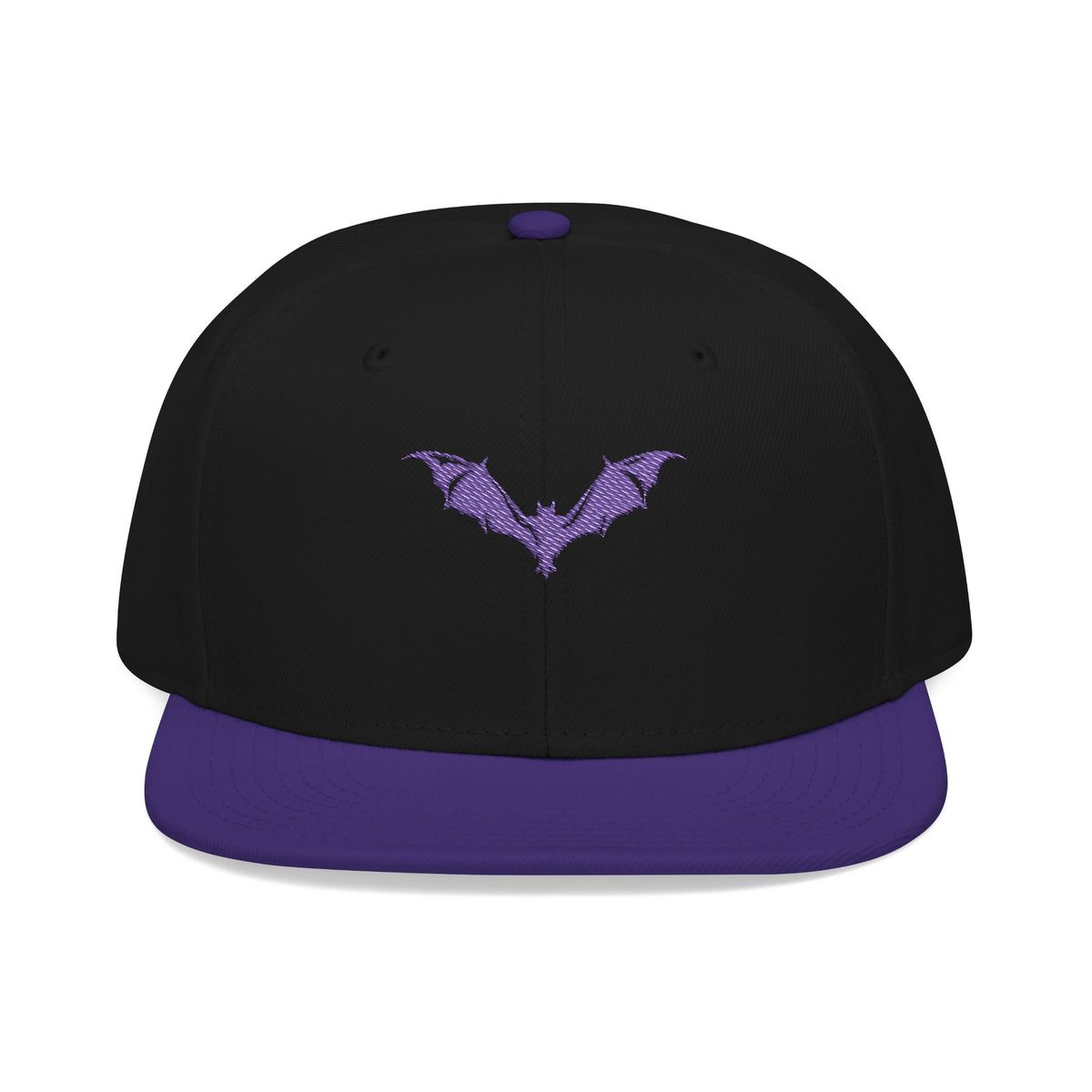 Purple bat embroidered snapback cap, front view