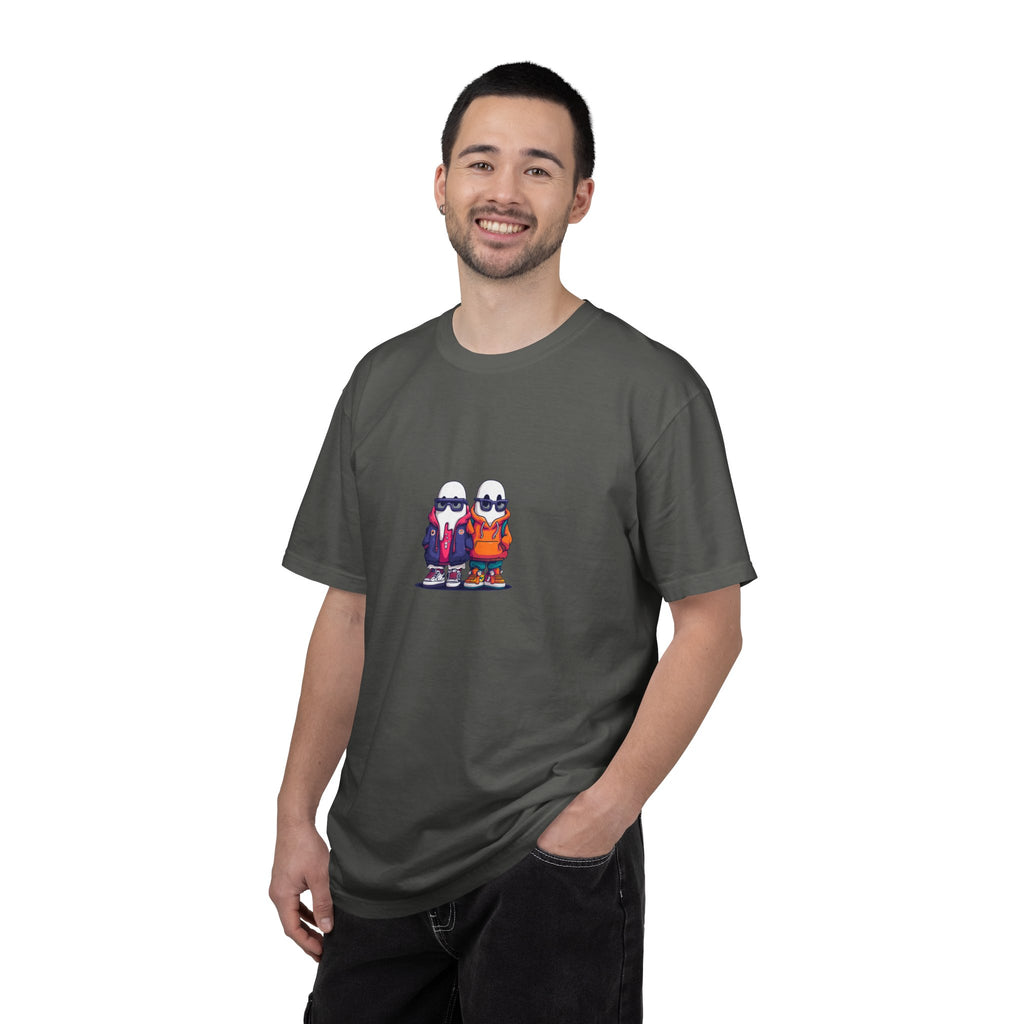 Duo Hood minimalist streetwear graphic tee, cool duo print