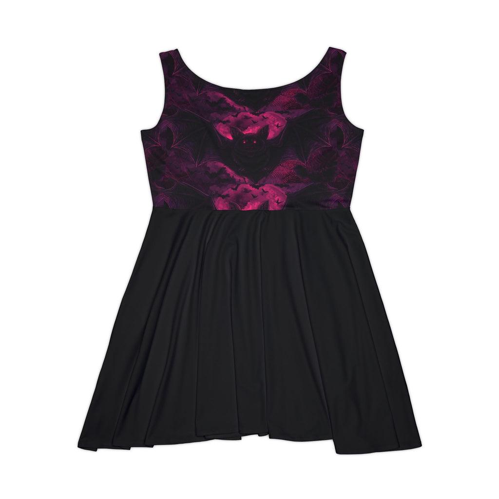 Close-up of purple galaxy bat skater dress fabric