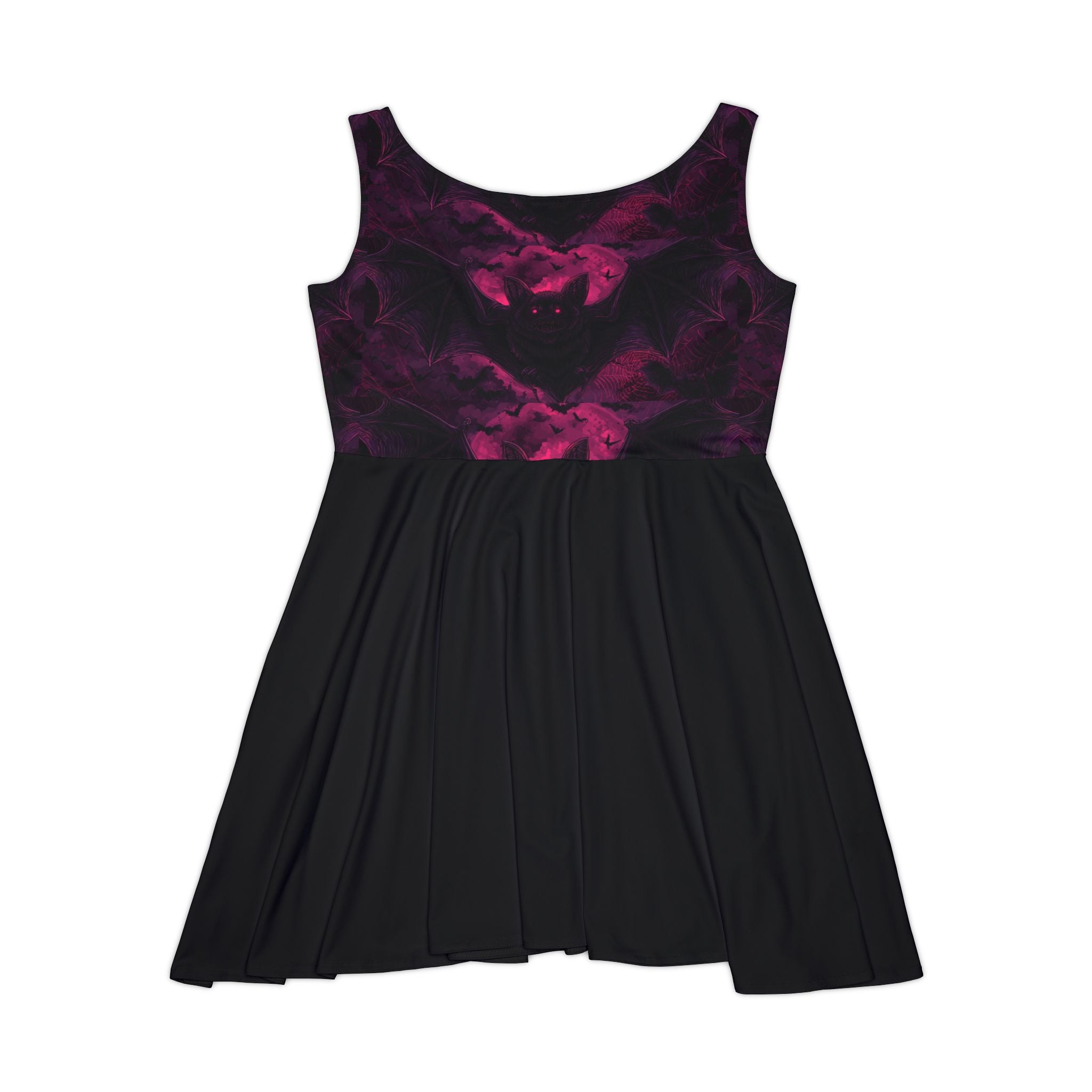 Close-up of purple galaxy bat skater dress fabric