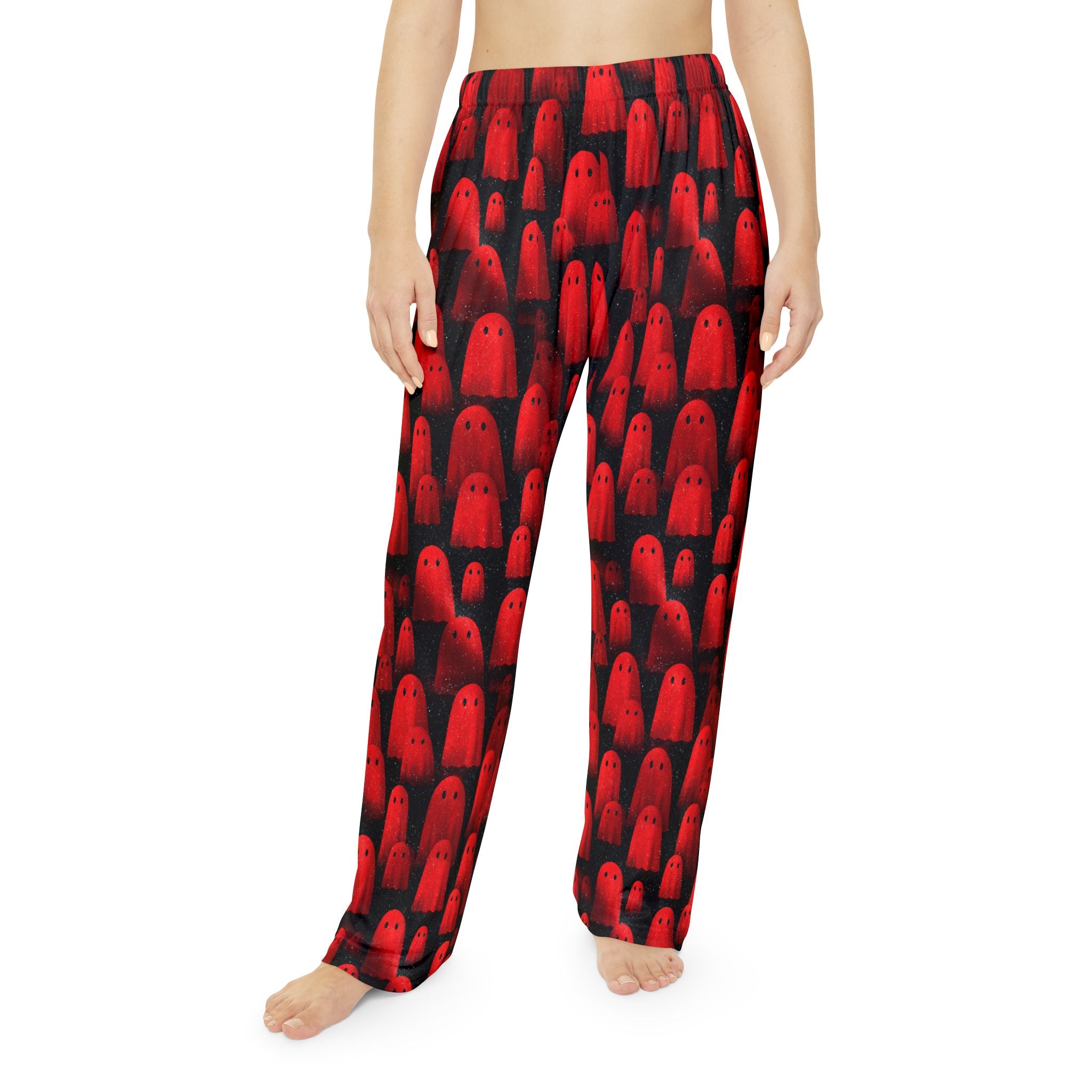 Women's red ghost print pajama pants worn, front view
