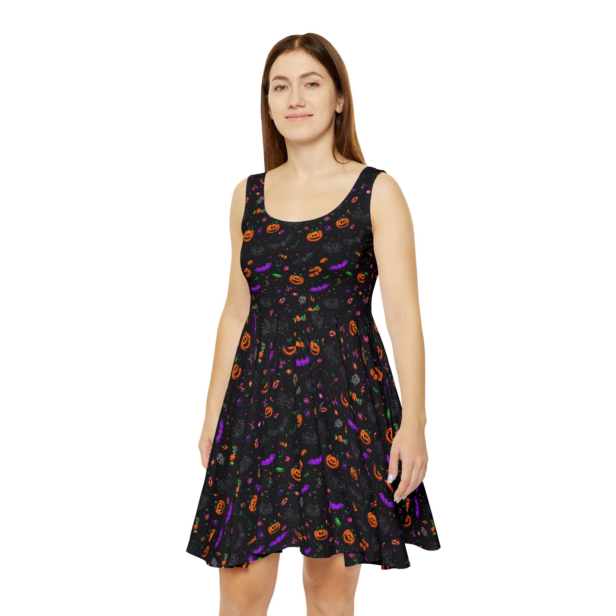 Psychedelic pumpkin skater dress worn, front view