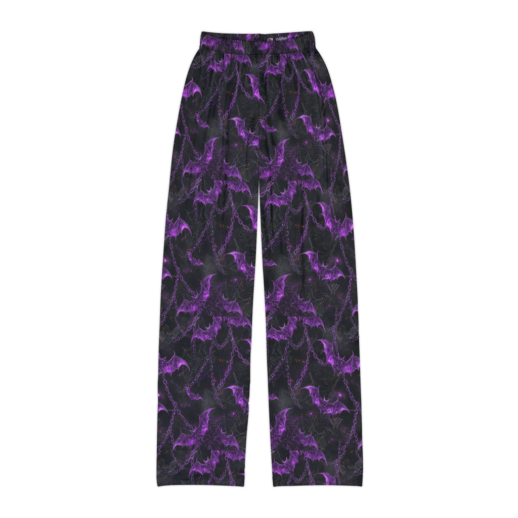 Kids black bat print Halloween pajama pants, folded flat