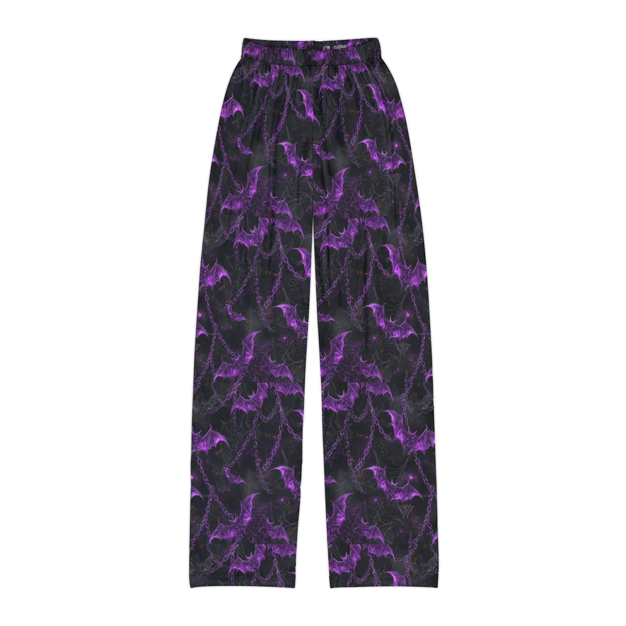 Kids black bat print Halloween pajama pants, folded flat