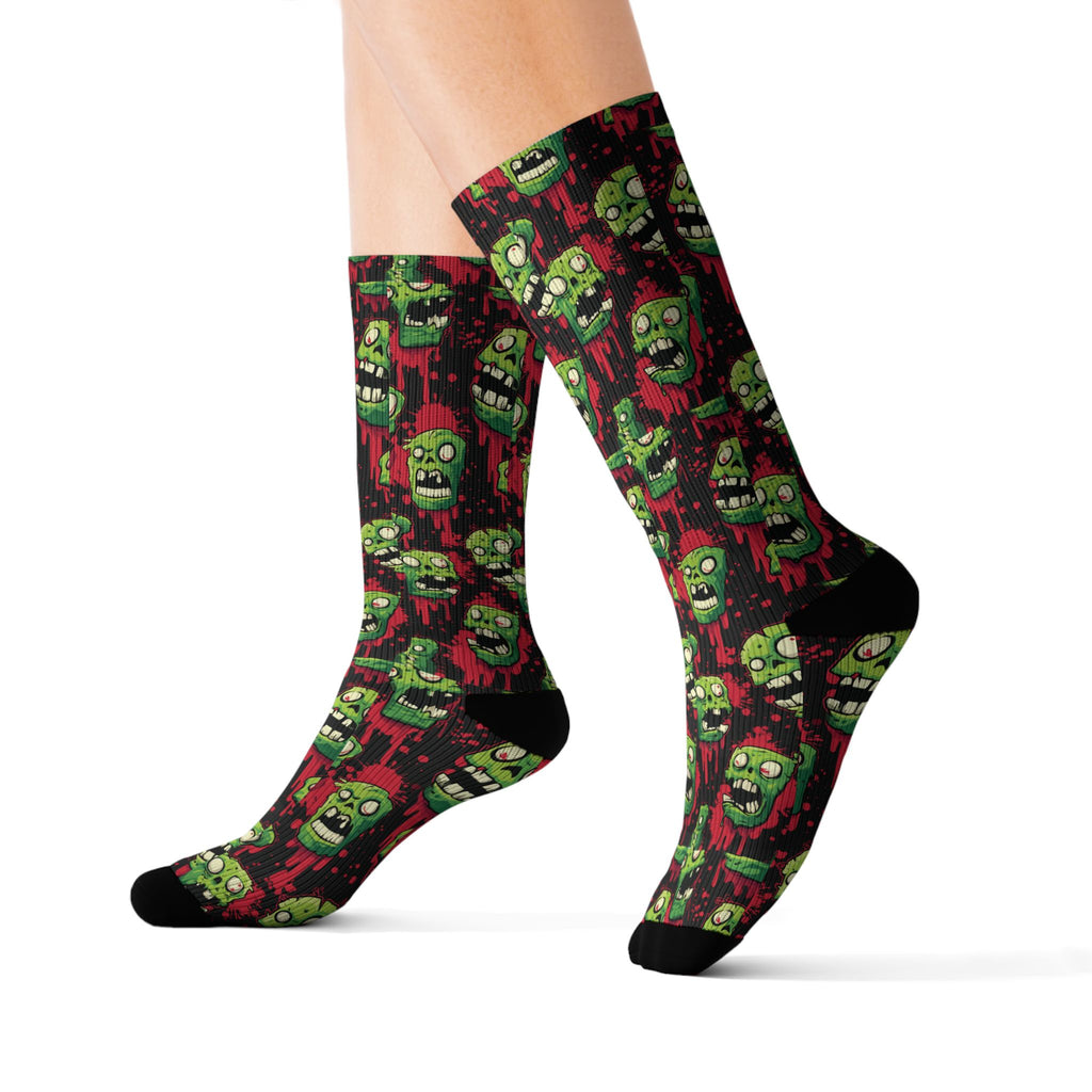Zombie Heads Halloween crew socks, neon green horror print