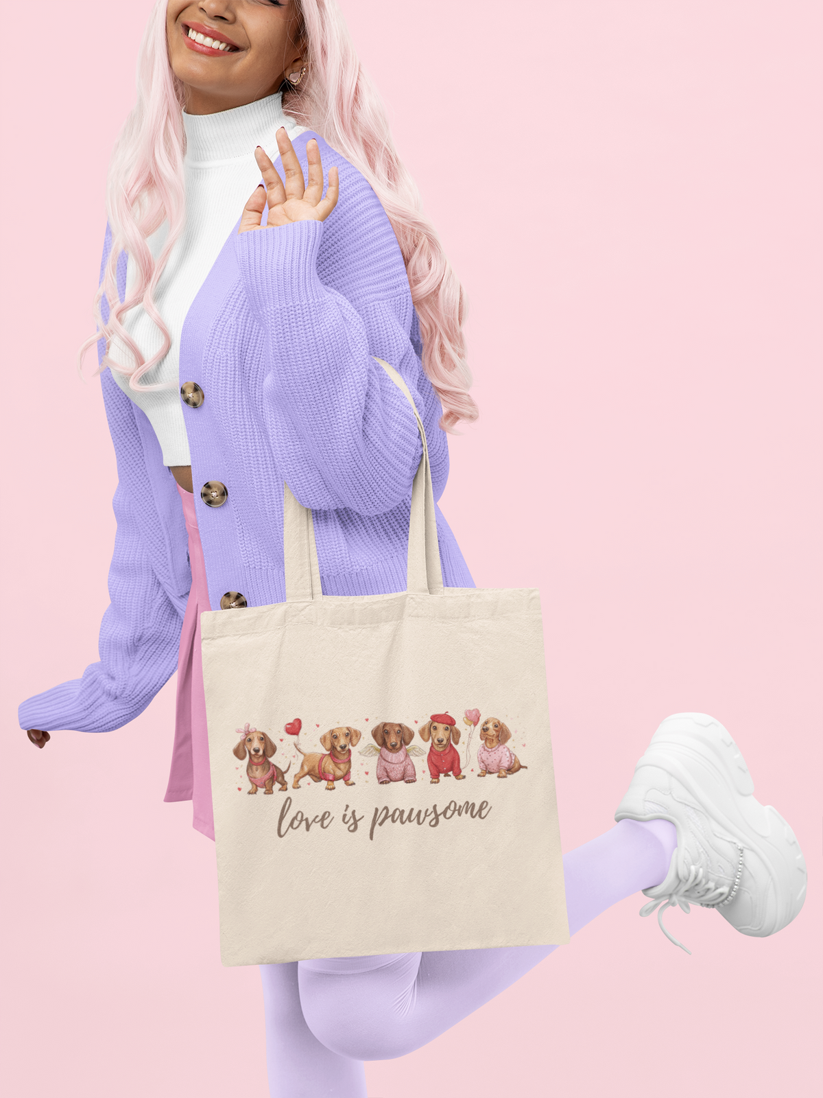 Dachshund love is pawsome canvas tote bag, front view