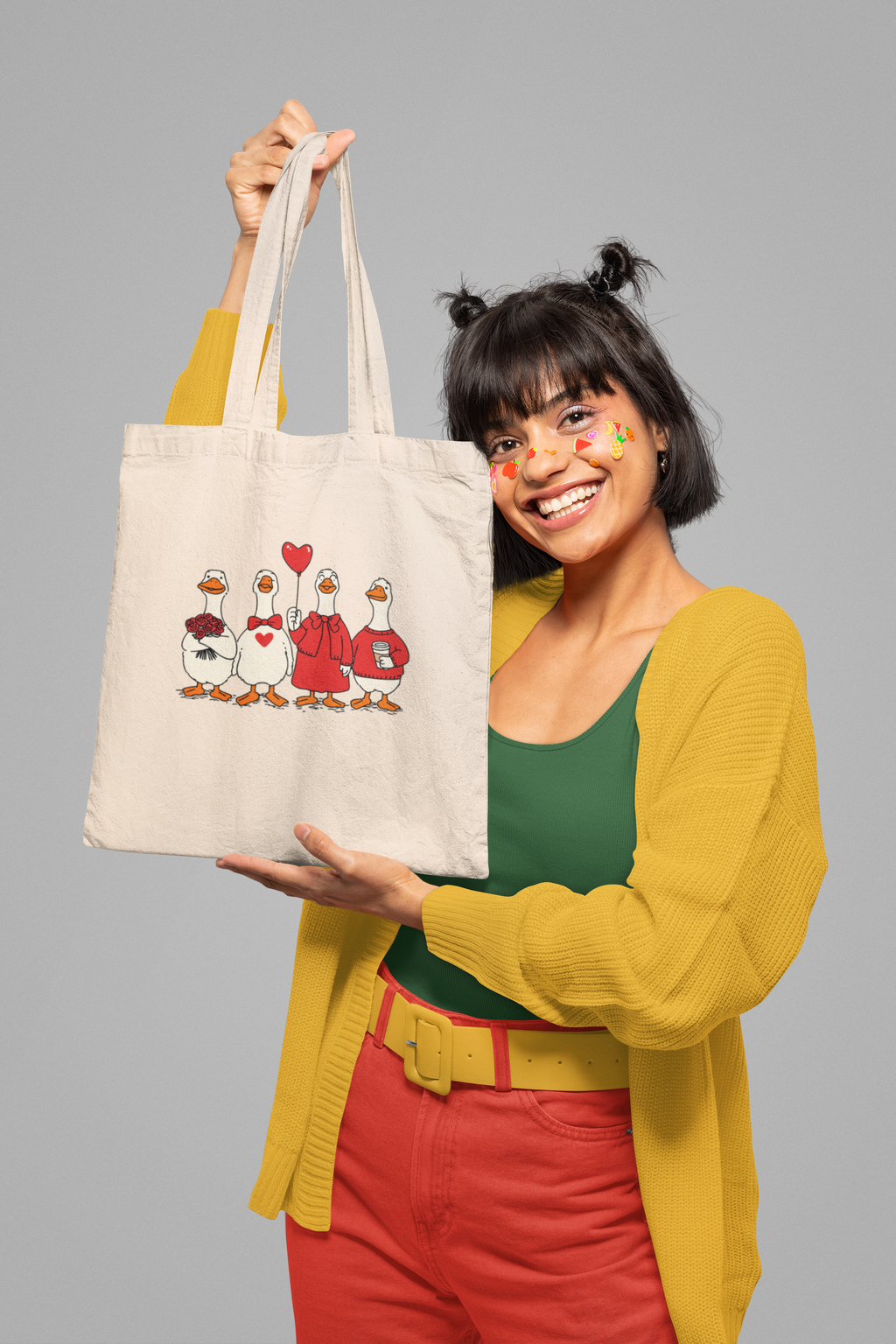 Valentine duck illustration canvas tote bag, front view