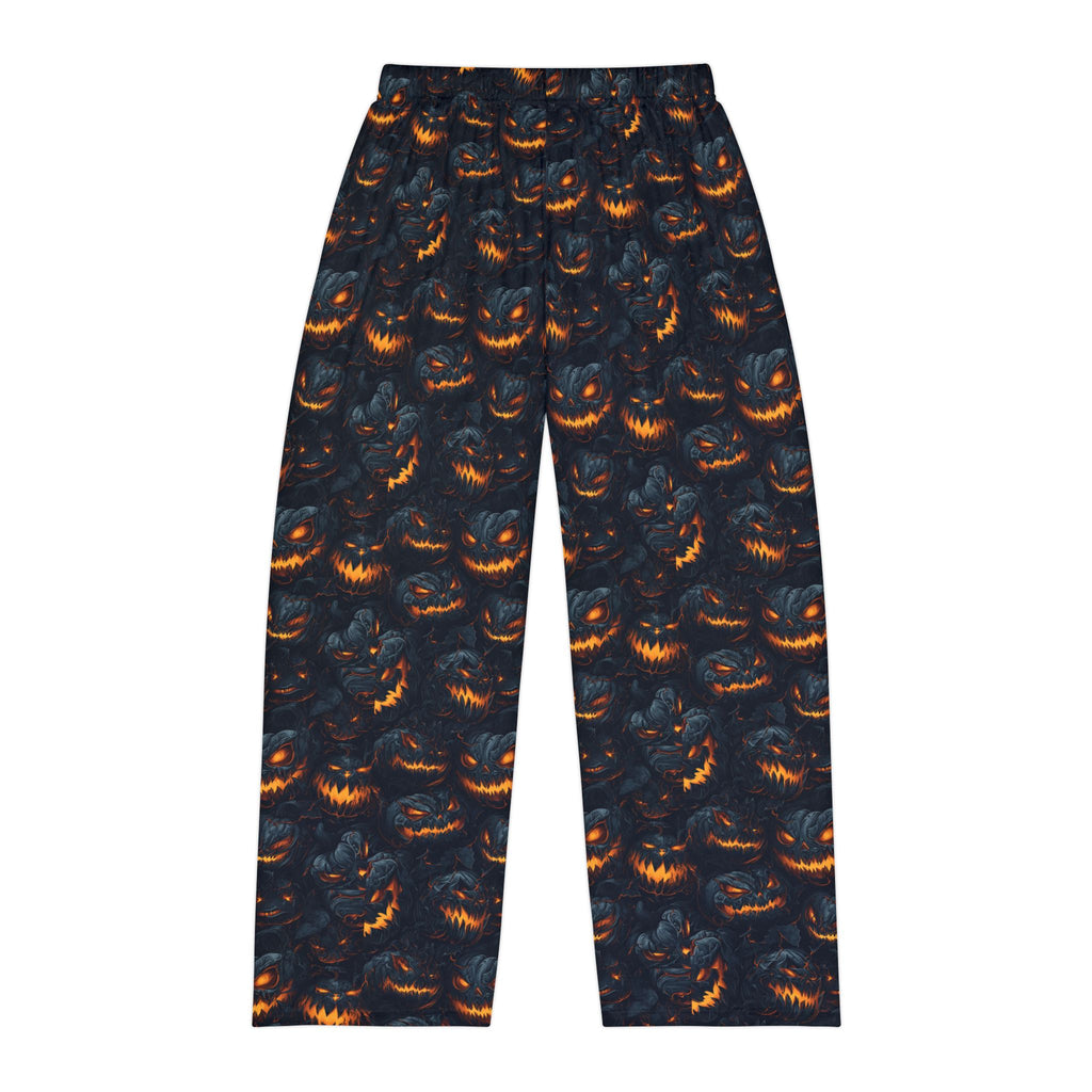 Close-up of pumpkin print pajama pants fabric