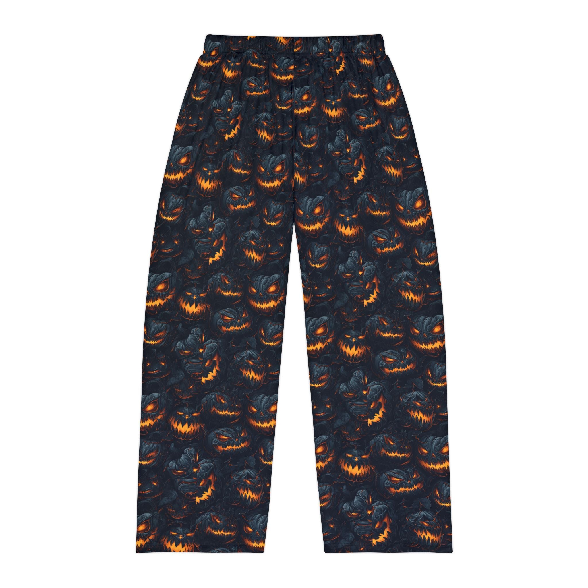 Close-up of pumpkin print pajama pants fabric