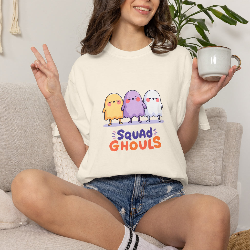 Squad Ghouls cute ghost graphic tee, oversized streetwear Halloween shirt