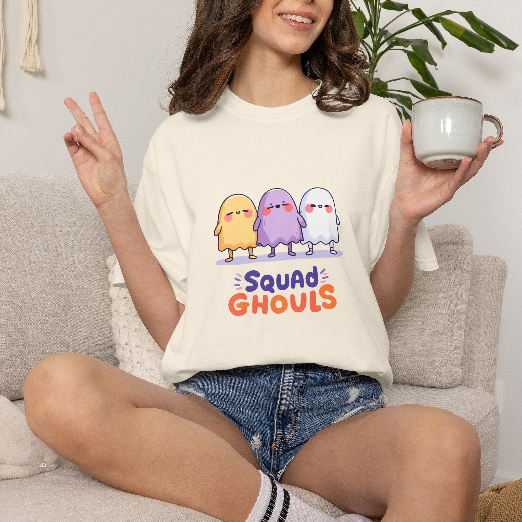 Squad Ghouls cute ghost graphic tee, oversized streetwear Halloween shirt