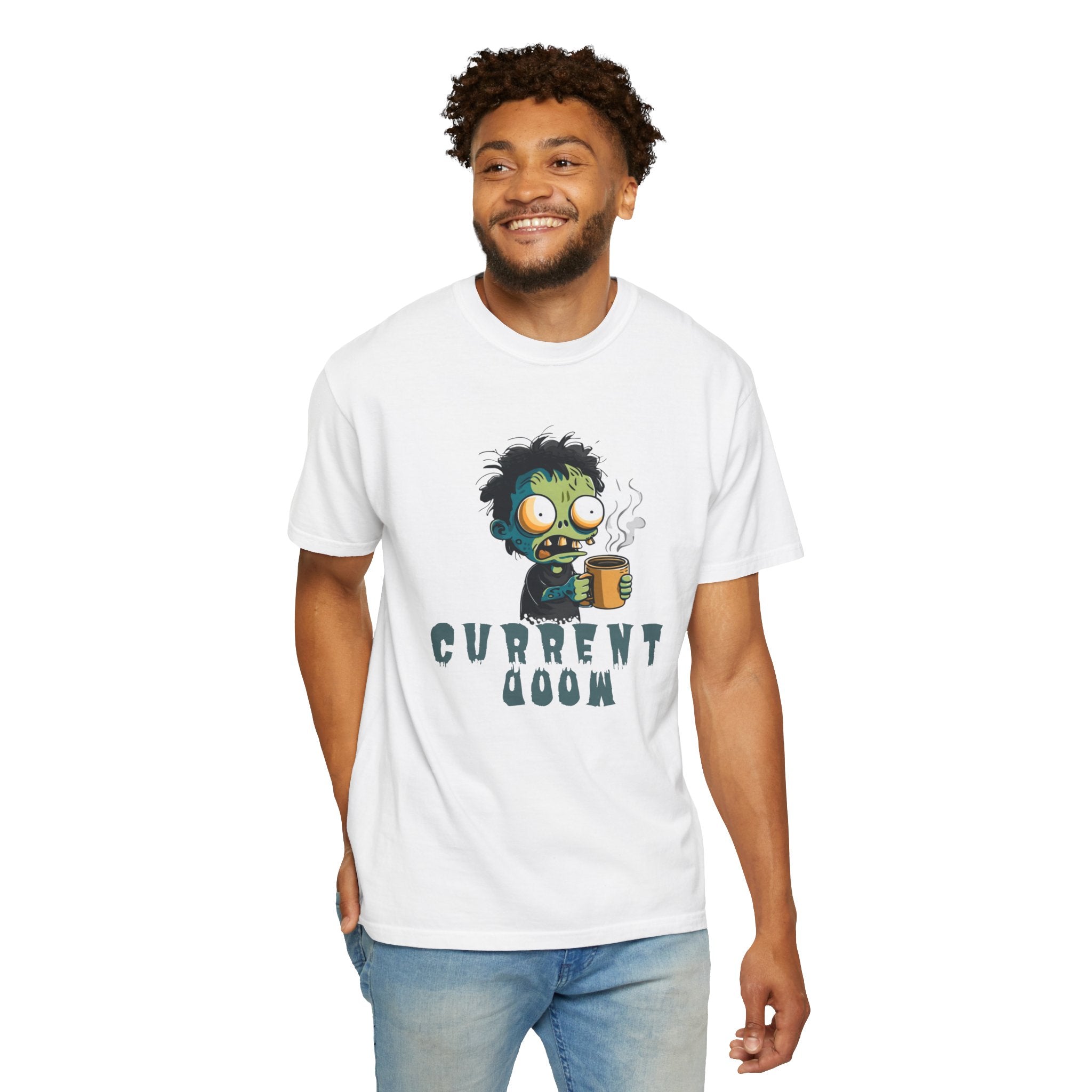 ​"White unisex streetwear t-shirt with 'Current Mood' text and a graphic print of a zombie drinking coffee."