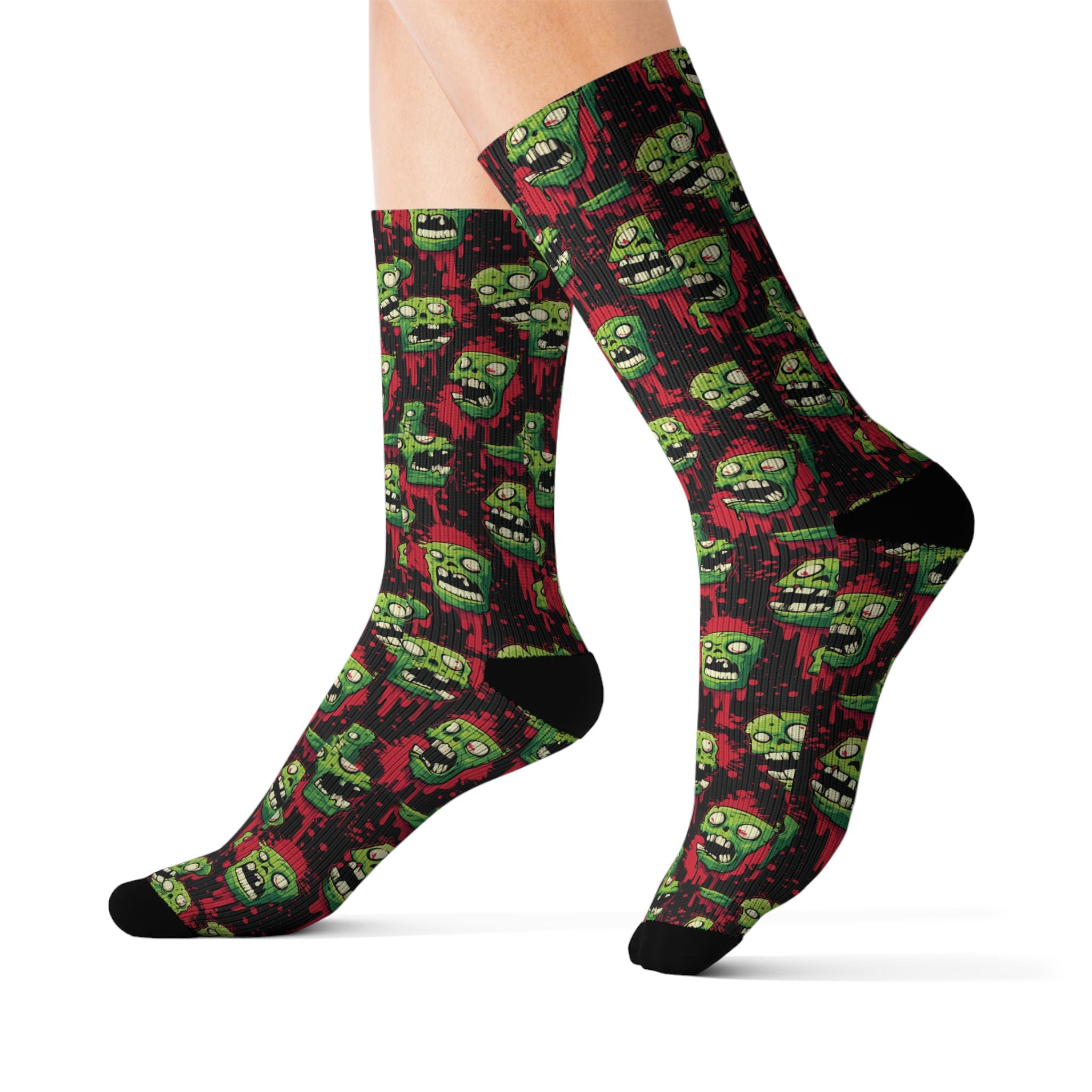 Zombie Heads Halloween crew socks, neon green horror print