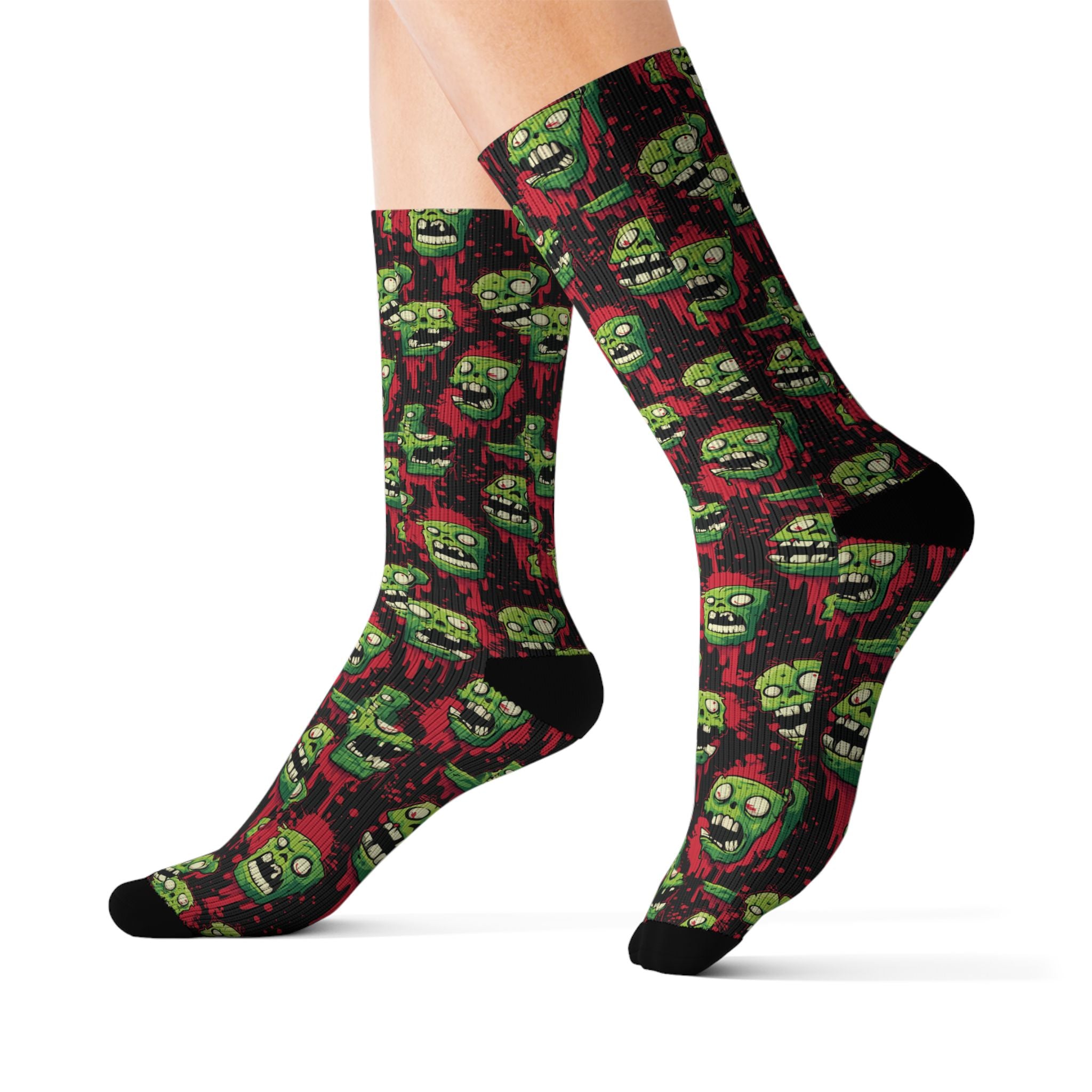 Zombie Heads Halloween crew socks, neon green horror print