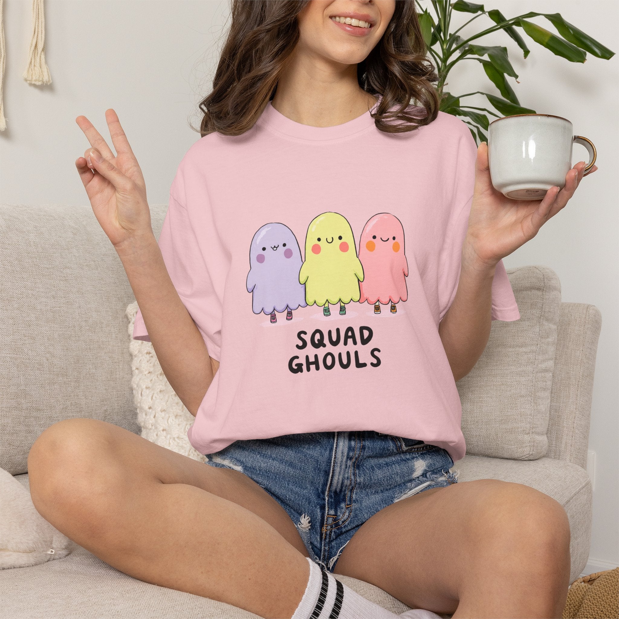Squad Ghouls pastel ghost graphic tee, oversized streetwear Halloween shirt