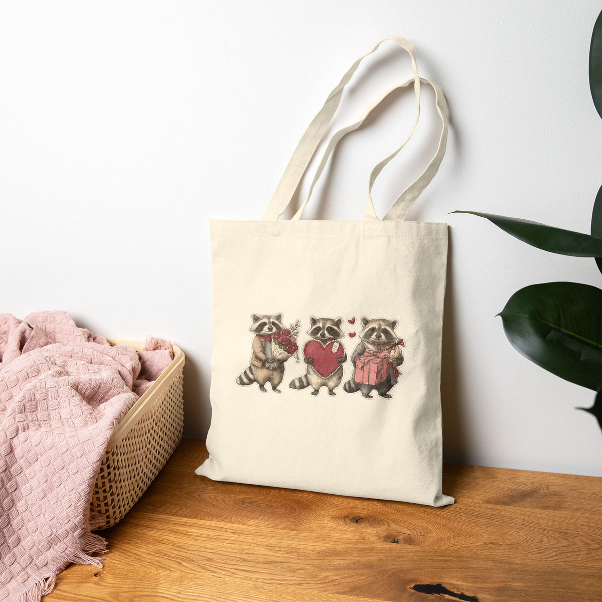 Three raccoons tote bag, black canvas