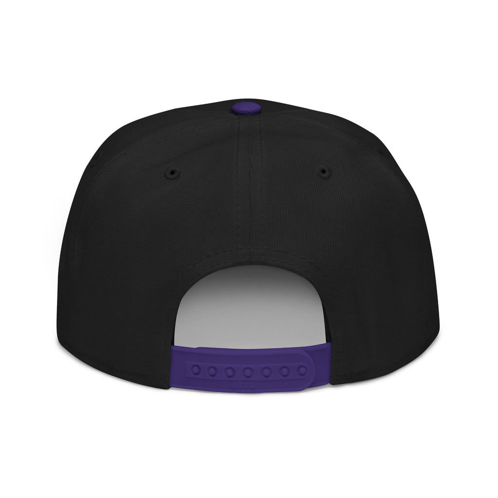 Purple bat embroidered snapback cap, side view