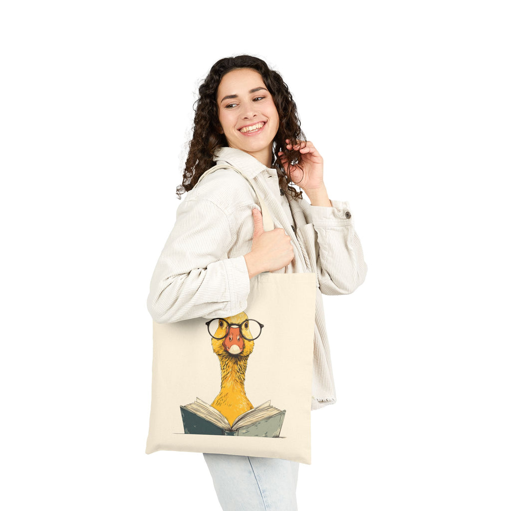 Bookish duck reading illustration close-up on tote bag