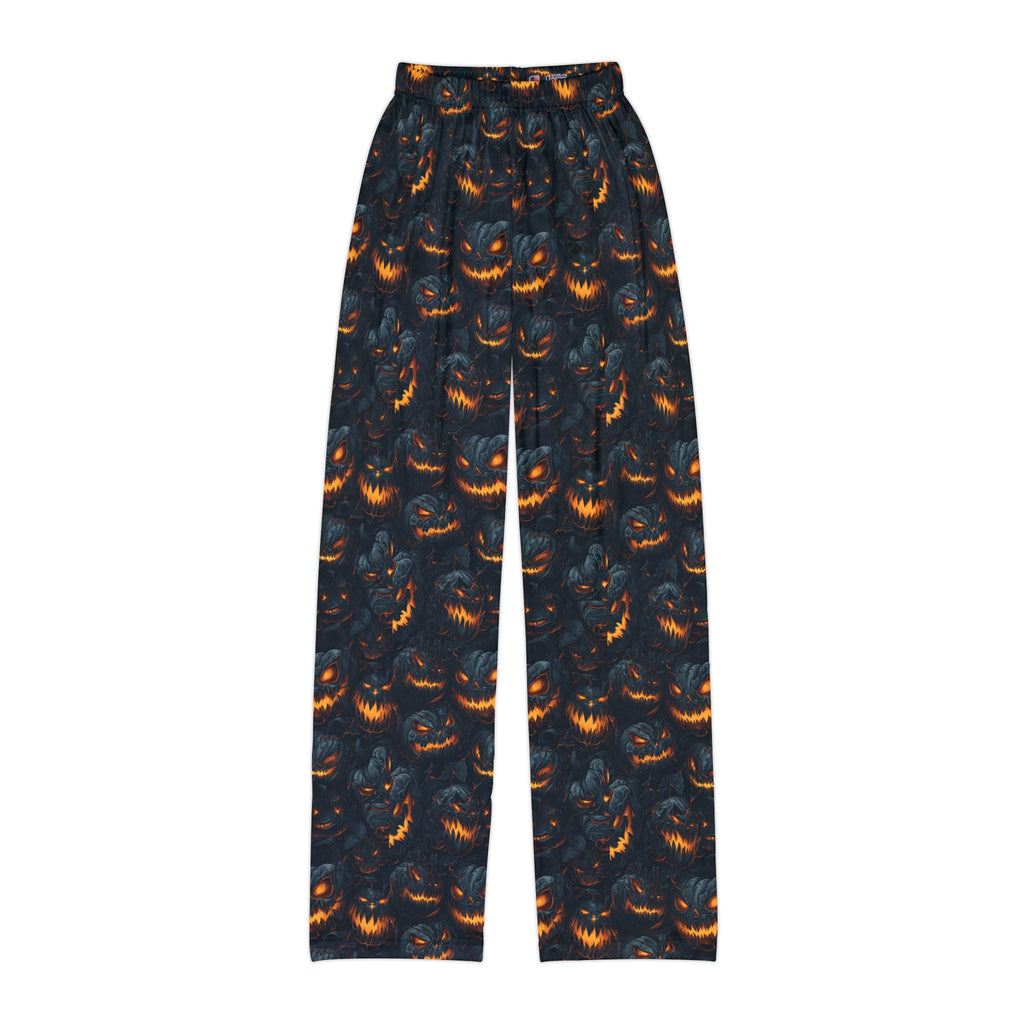Kids orange pumpkin print Halloween pajama pants, folded flat