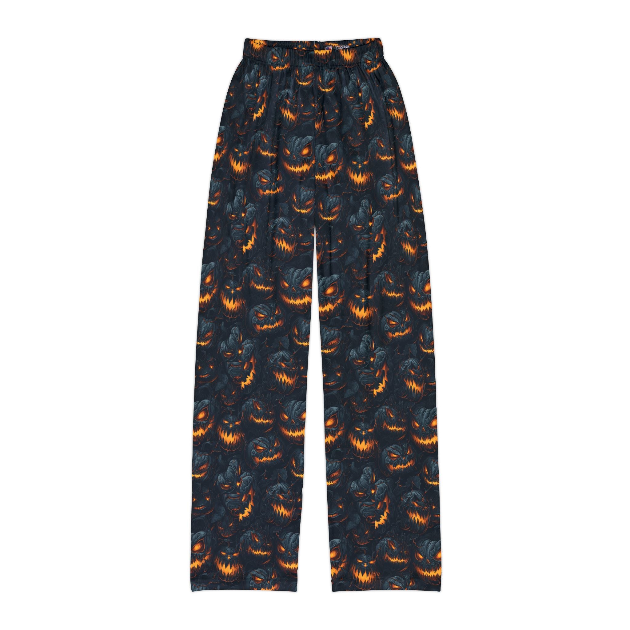 Kids orange pumpkin print Halloween pajama pants, folded flat