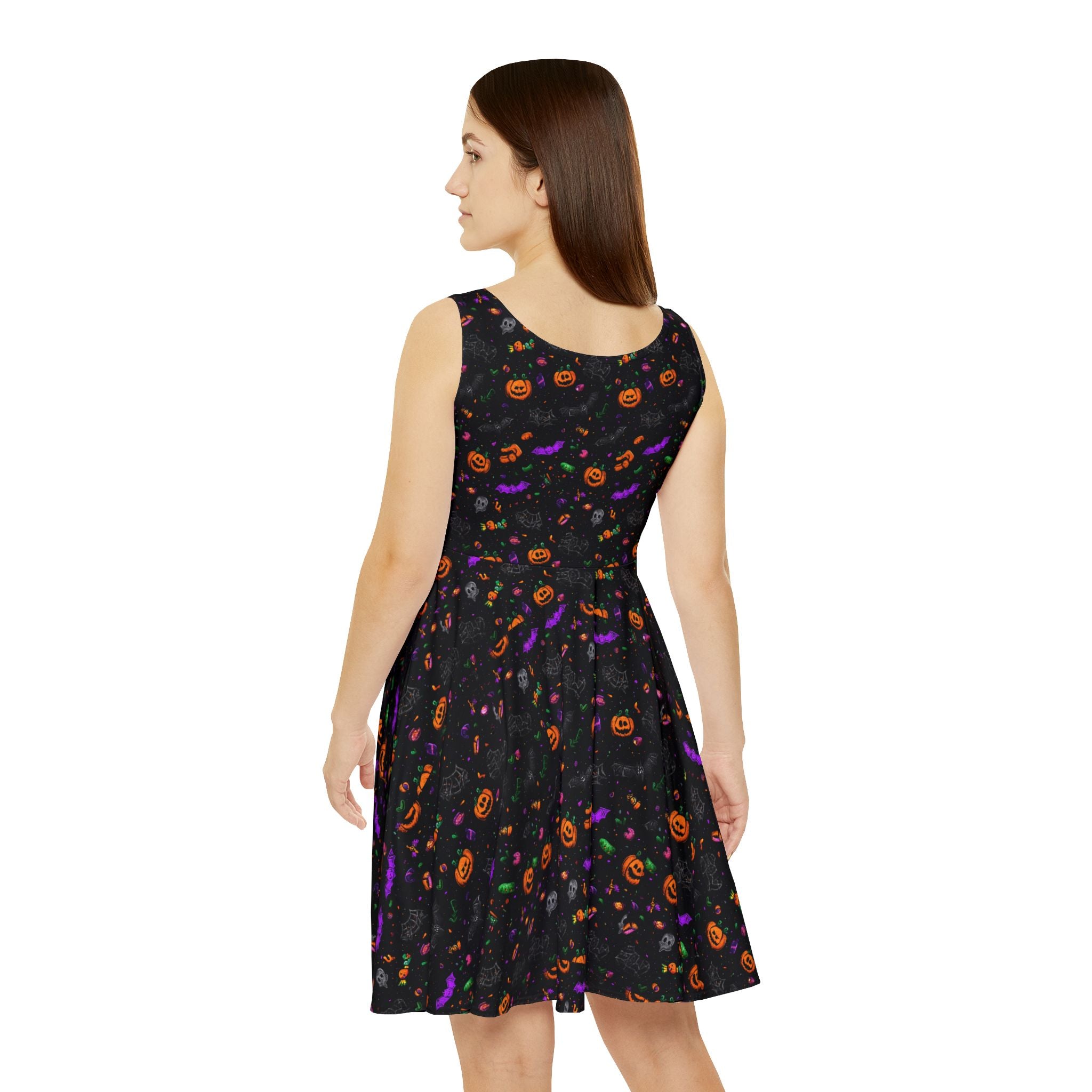 Psychedelic pumpkin skater dress worn, side view