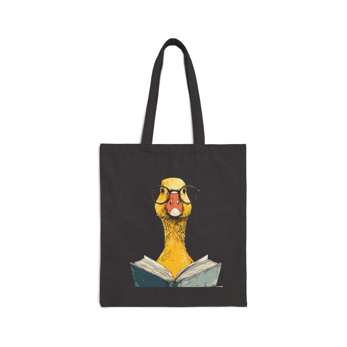 Bookish duck tote bag, black canvas