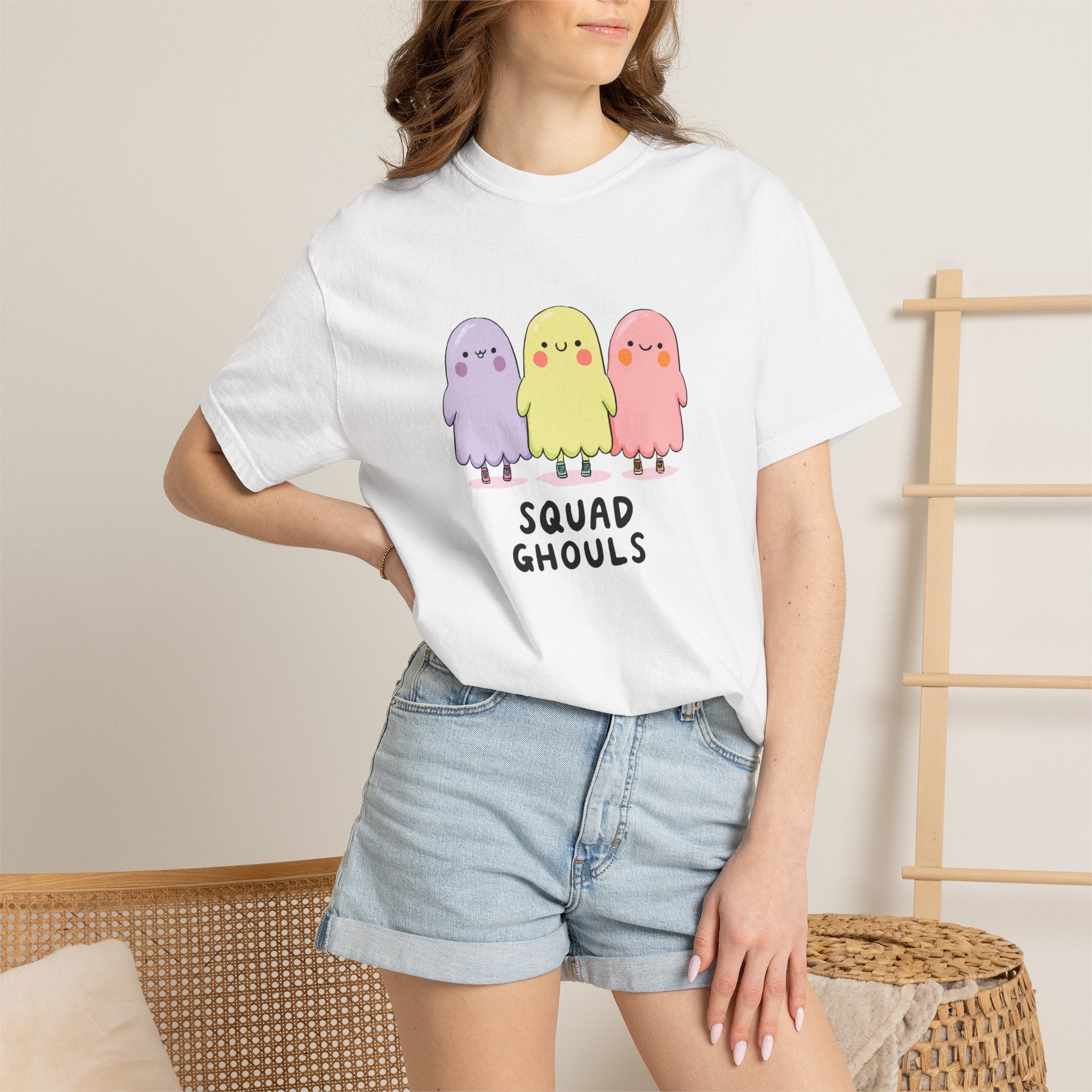 Squad Ghouls pastel ghost graphic tee, oversized streetwear Halloween shirt