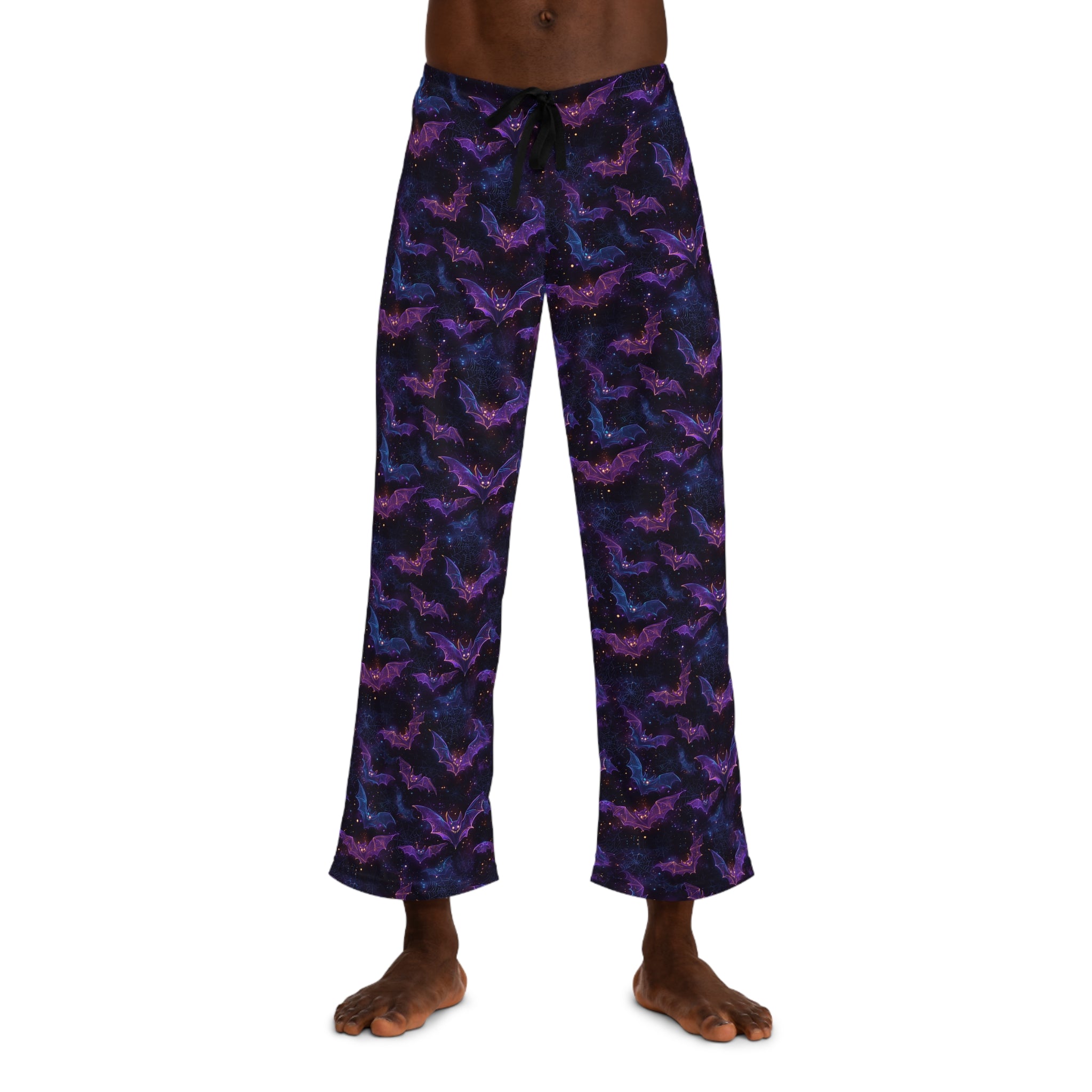 Men's spooky bat pajama pants worn, front view