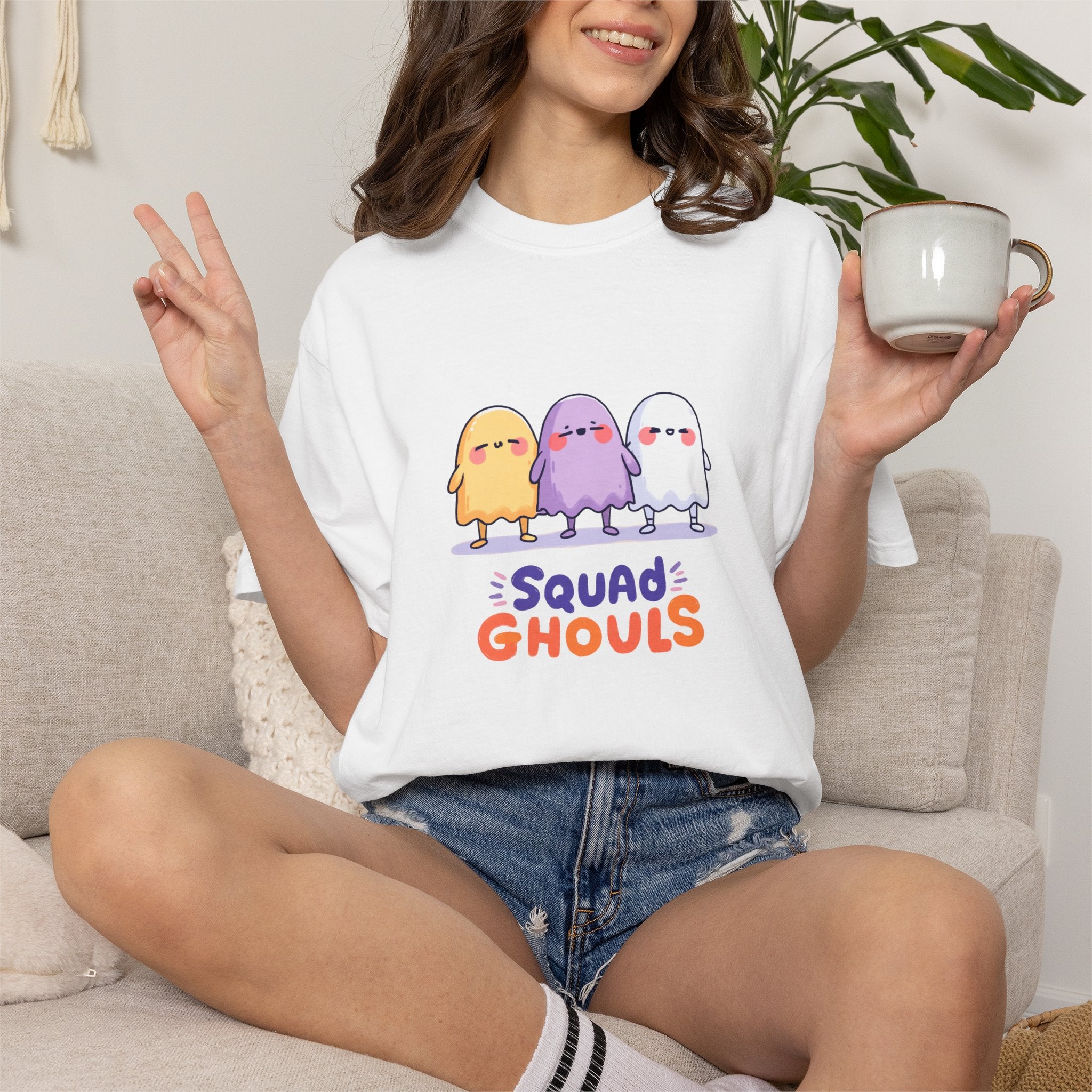 Squad Ghouls cute ghost graphic tee, oversized streetwear Halloween shirt