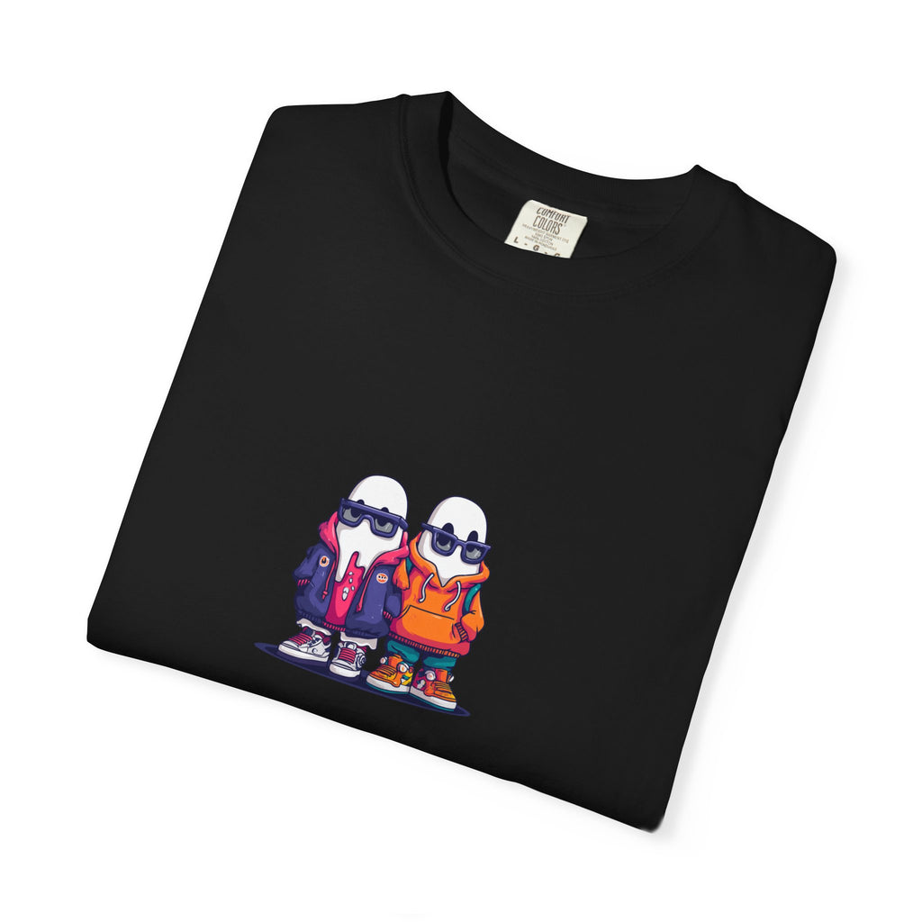 Duo Hood minimalist streetwear graphic tee, cool duo print