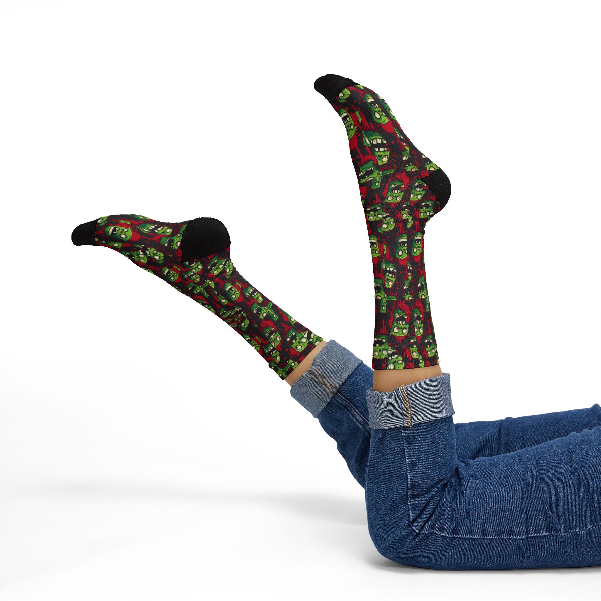 Zombie Heads Halloween crew socks, neon green horror print