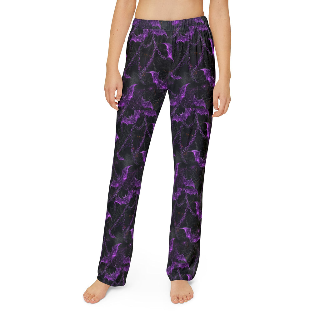 Kids bat print pajama pants worn, front view
