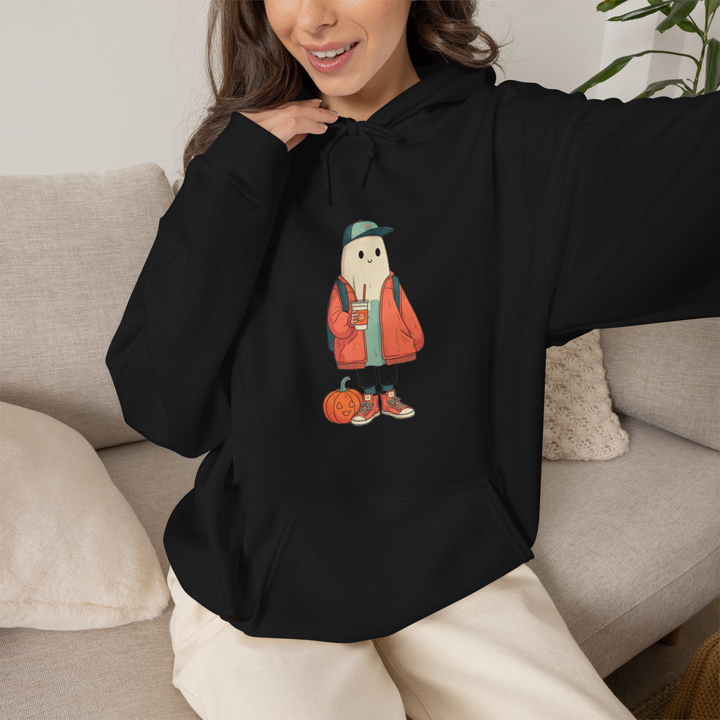 Streetwear Ghost Pumpkin Spice Hoodie – Cute Fall Graphic Sweatshirt, Halloween Coffee Run Pullover, Cozy Autumn Gift, Unisex Hooded Sweatshirt