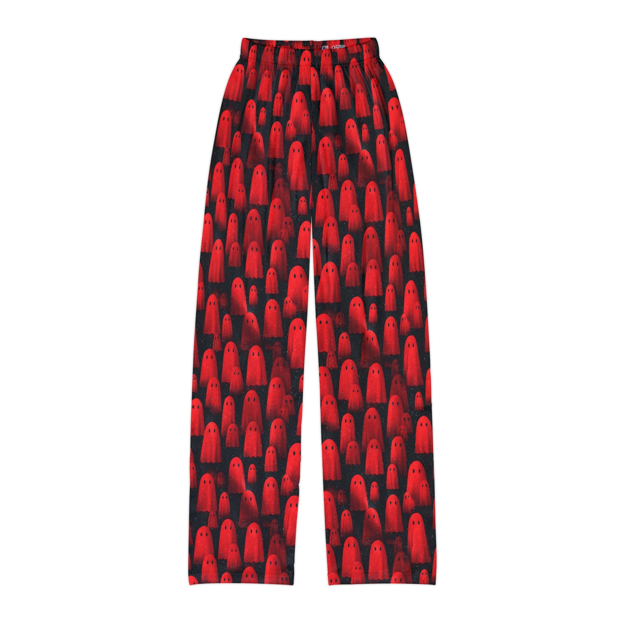 Kids red ghost print Halloween pajama pants, folded flat