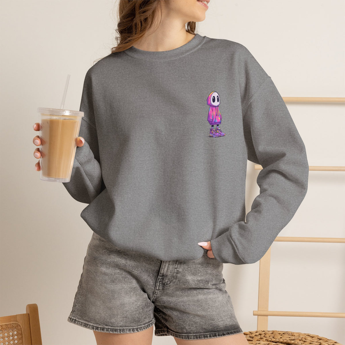 Cute Ghost Crewneck Sweatshirt – Minimalist Embroidered Streetwear Pullover, Cozy Halloween Sweatshirt, Aesthetic Fall Gift, Unisex Crew Neck