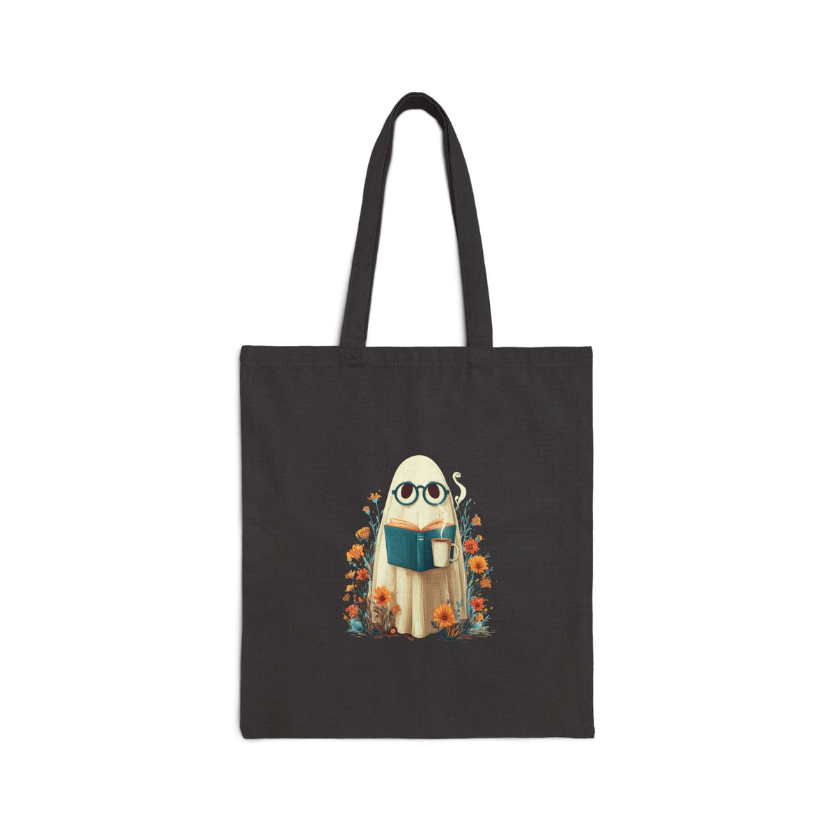 Ghost illustration book lover canvas tote bag, front view