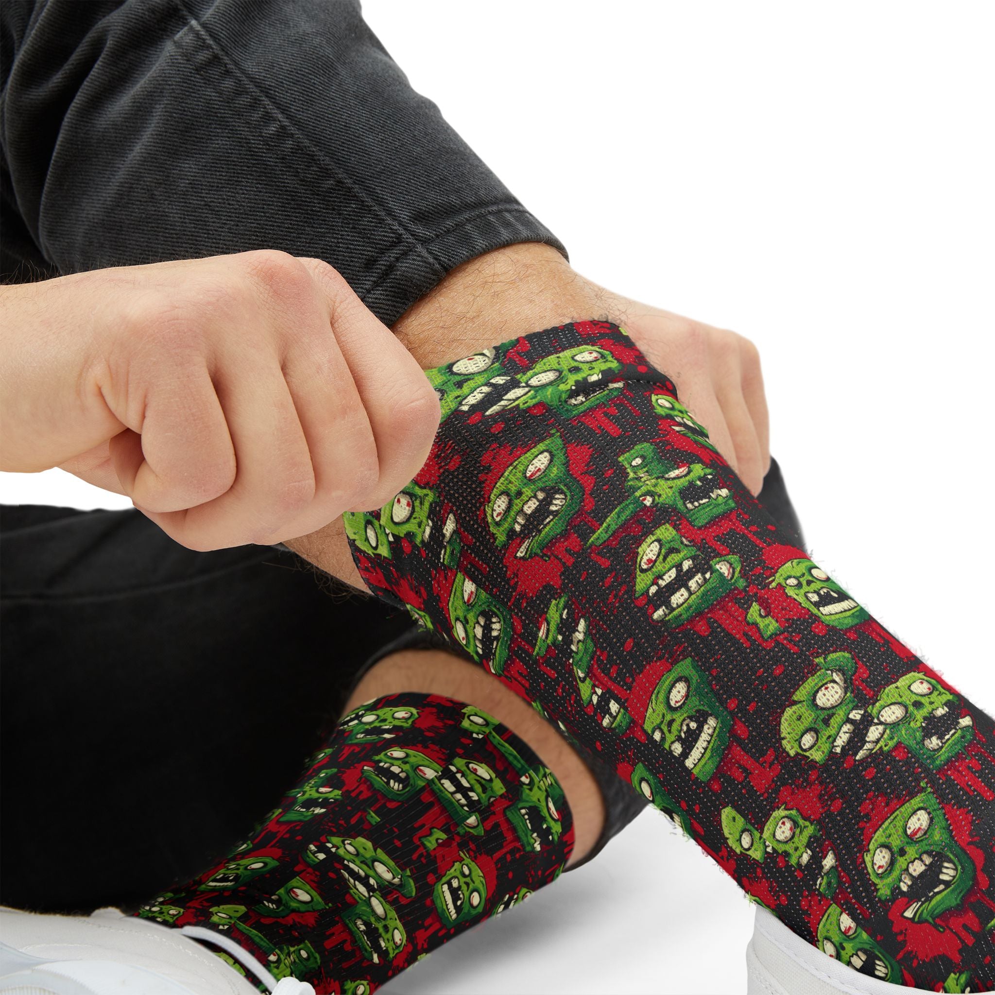 Zombie Heads Halloween crew socks, neon green horror print