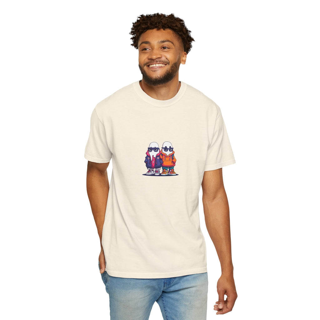 Duo Hood minimalist streetwear graphic tee, cool duo print