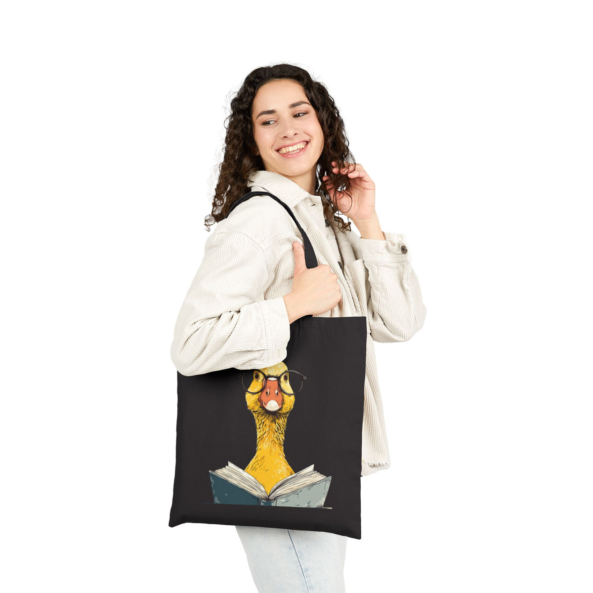 Bookish duck tote bag handle detail