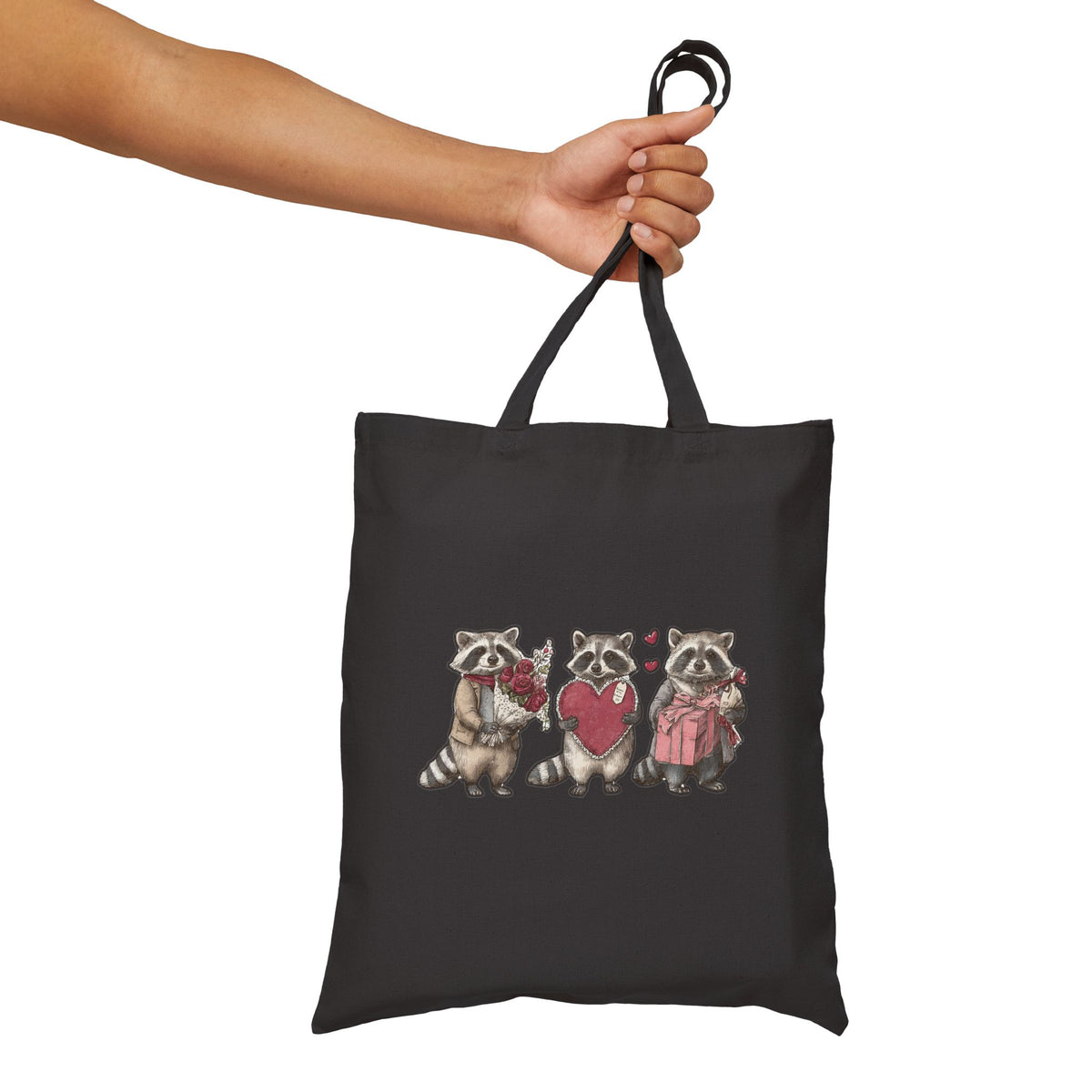 Raccoon tote bag handle and stitching detail