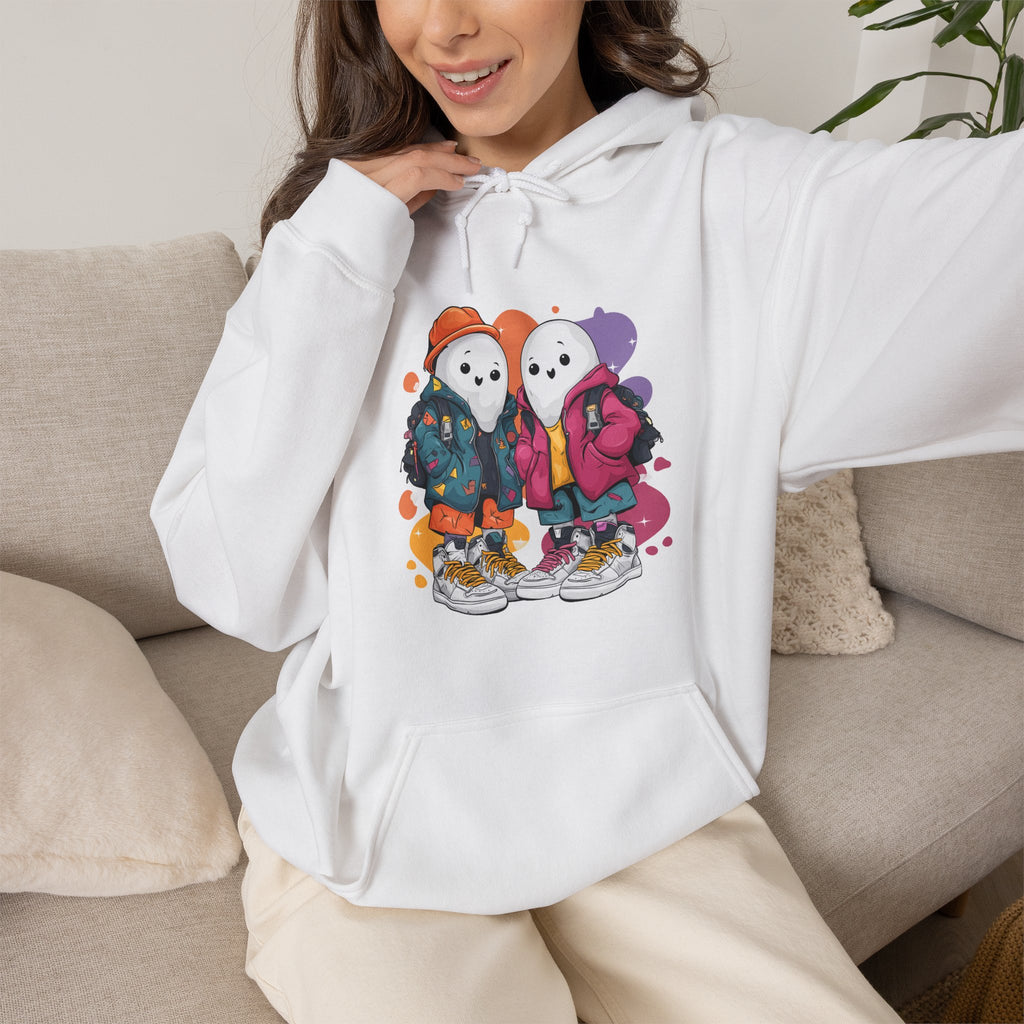 Streetwear Ghost Best Friends Hoodie – Cute Graphic Skater Ghosts Pullover, Matching BFF Sweatshirt, Halloween & Winter Holiday Gift, Unisex Hooded Sweatshirt