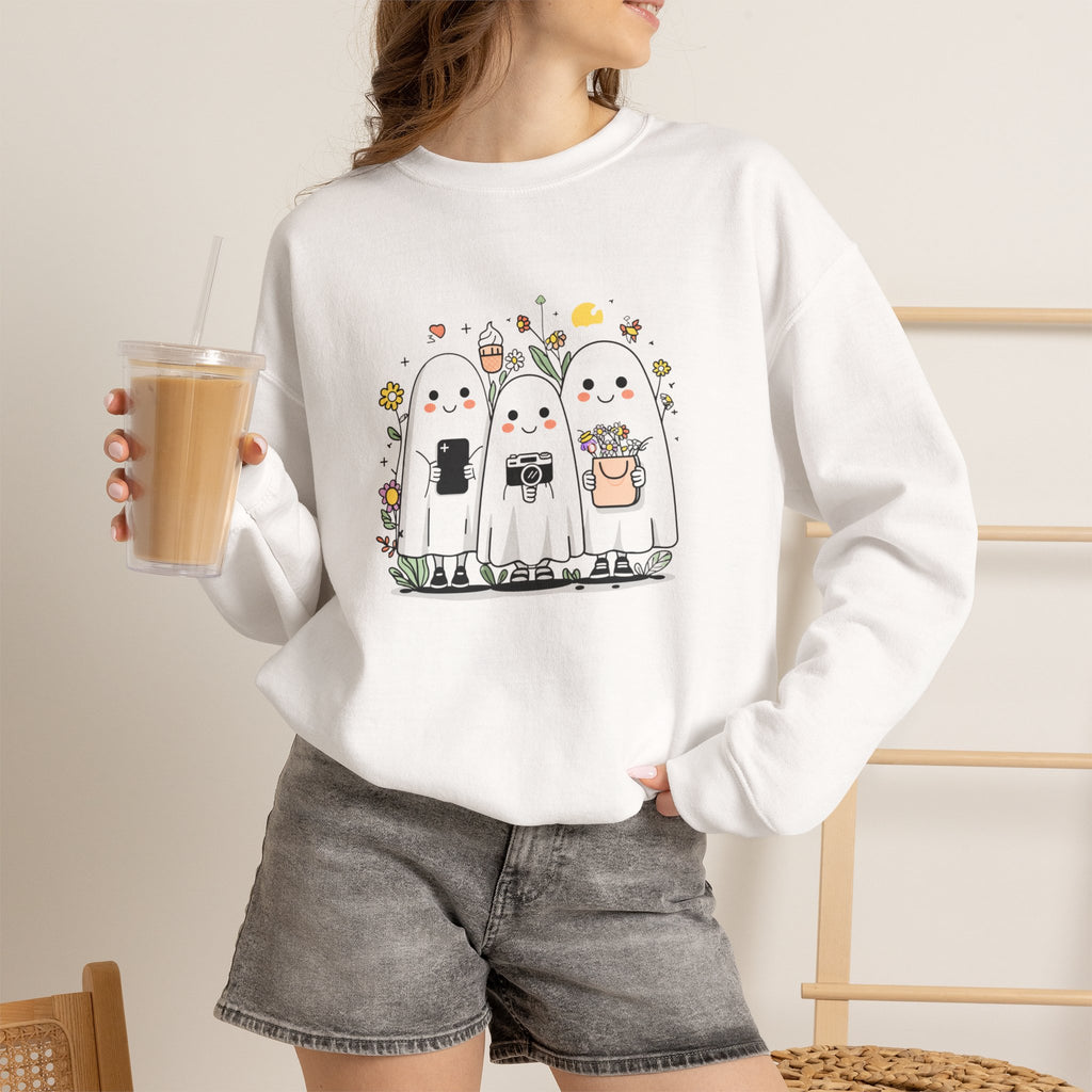 Kawaii Ghost Friends Crewneck Sweatshirt – Cute Cottagecore Aesthetic Pullover, Floral Halloween Sweatshirt, Cozy Gift for Her, Unisex Crew Neck