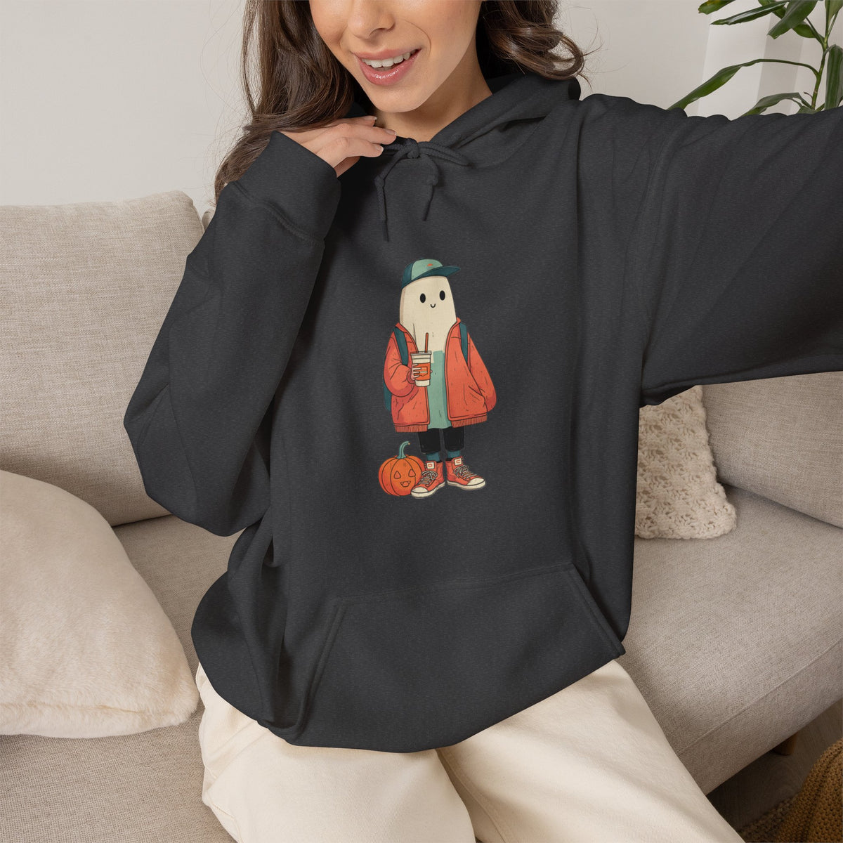 Streetwear Ghost Pumpkin Spice Hoodie – Cute Fall Graphic Sweatshirt, Halloween Coffee Run Pullover, Cozy Autumn Gift, Unisex Hooded Sweatshirt
