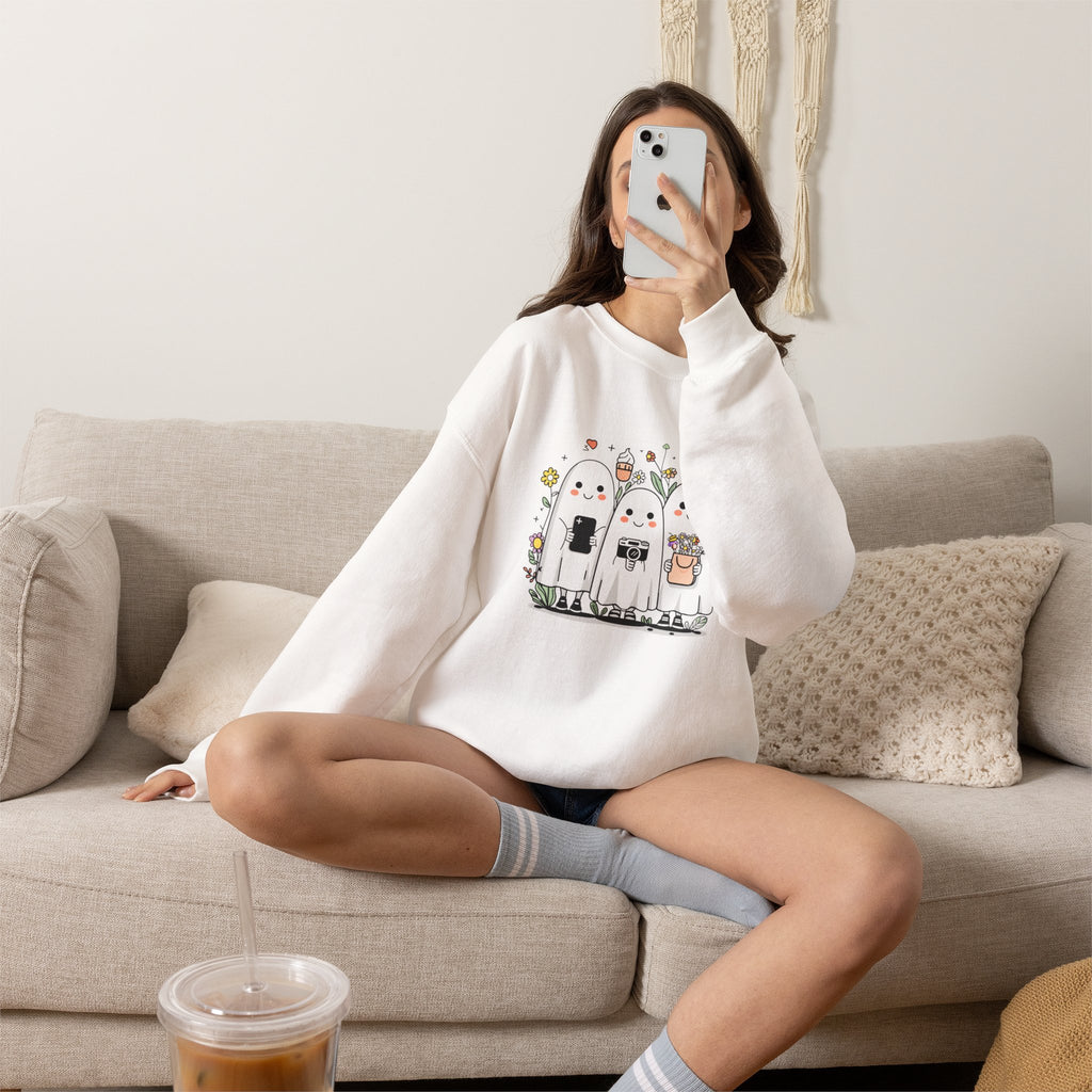 Kawaii Ghost Friends Crewneck Sweatshirt – Cute Cottagecore Aesthetic Pullover, Floral Halloween Sweatshirt, Cozy Gift for Her, Unisex Crew Neck