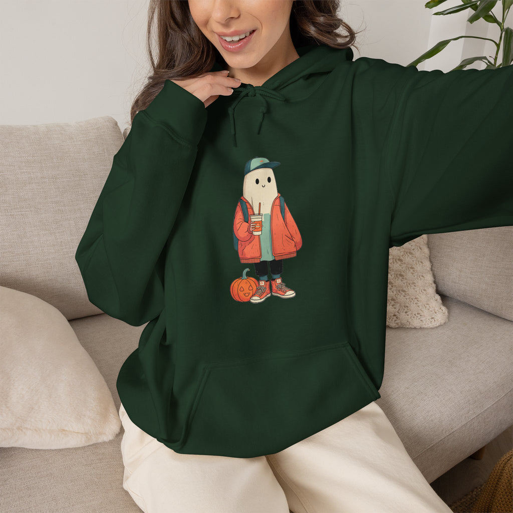 Streetwear Ghost Pumpkin Spice Hoodie – Cute Fall Graphic Sweatshirt, Halloween Coffee Run Pullover, Cozy Autumn Gift, Unisex Hooded Sweatshirt