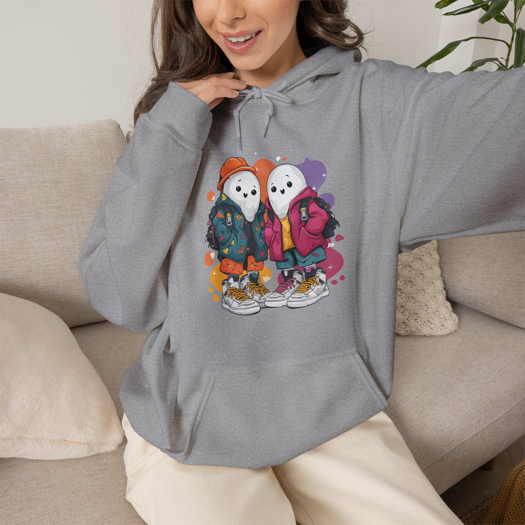 Streetwear Ghost Best Friends Hoodie – Cute Graphic Skater Ghosts Pullover, Matching BFF Sweatshirt, Halloween & Winter Holiday Gift, Unisex Hooded Sweatshirt