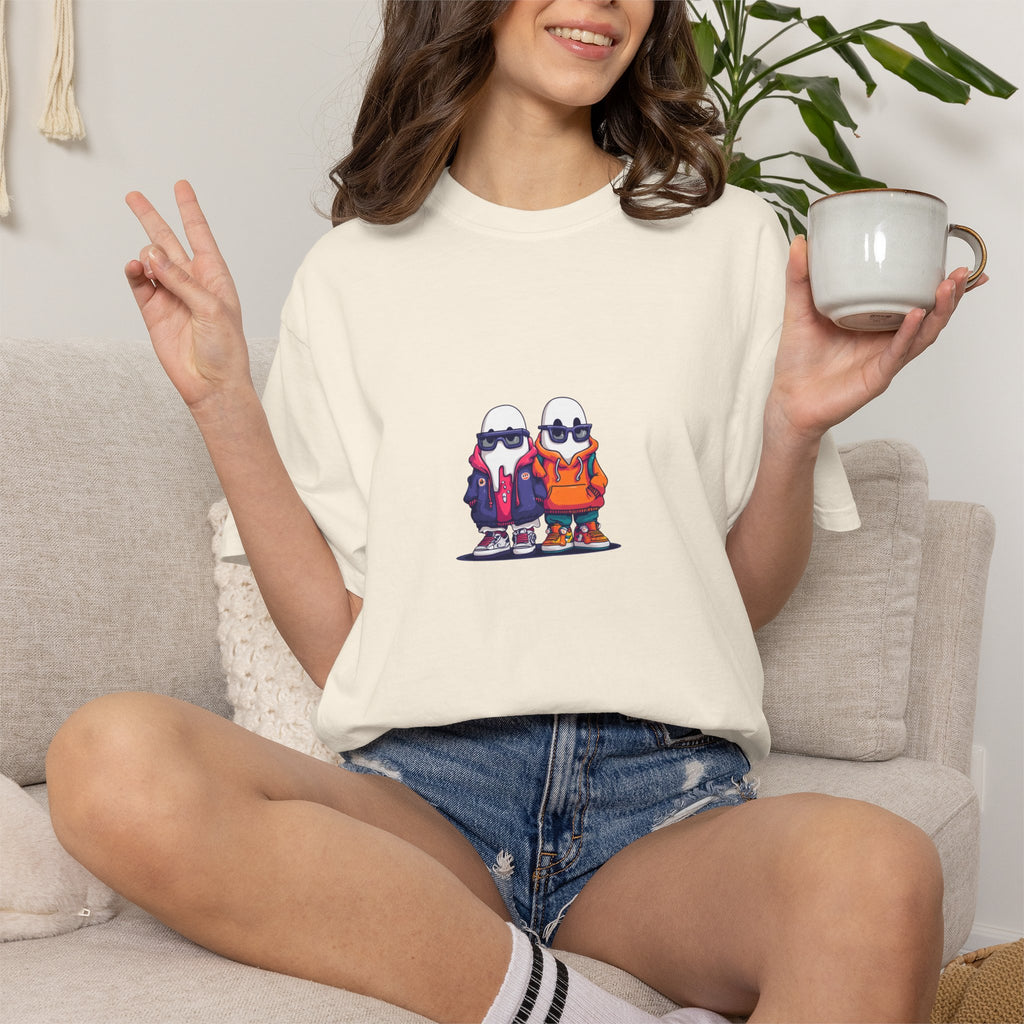 Duo Hood minimalist streetwear graphic tee, cool duo print