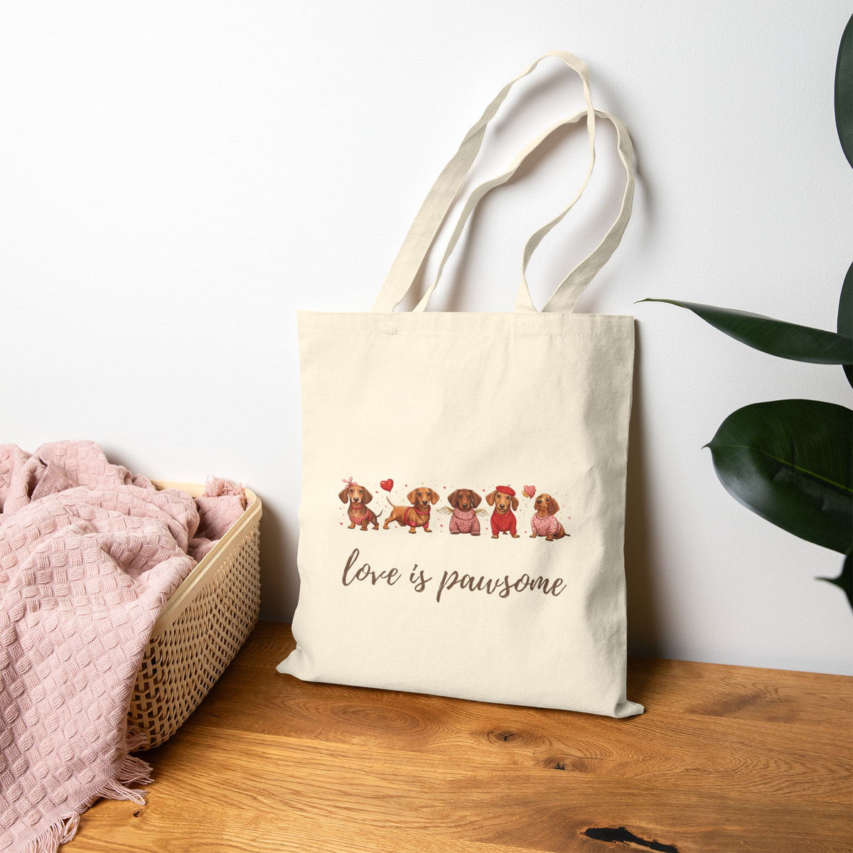 Dachshund tote bag worn on shoulder