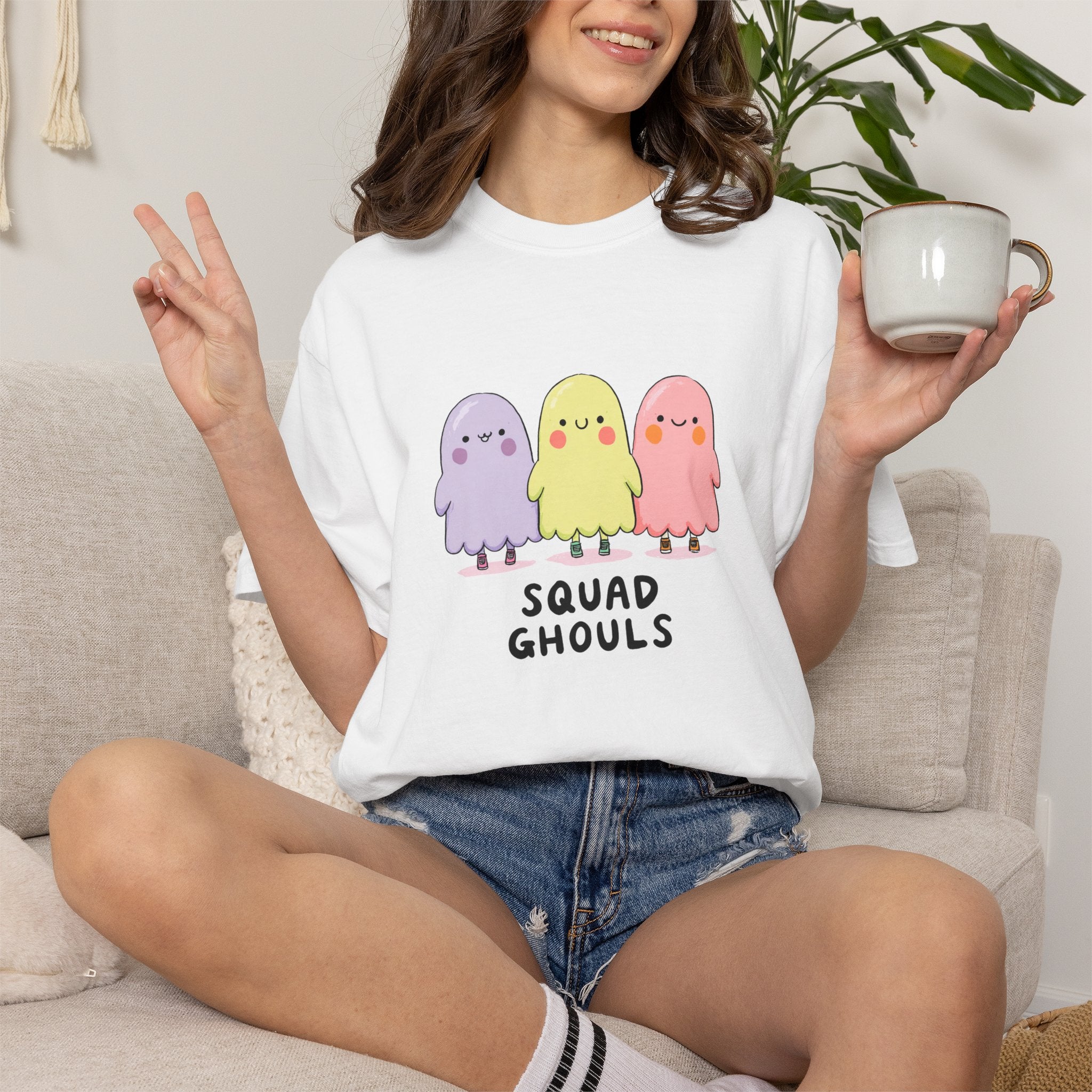 Squad Ghouls pastel ghost graphic tee, oversized streetwear Halloween shirt